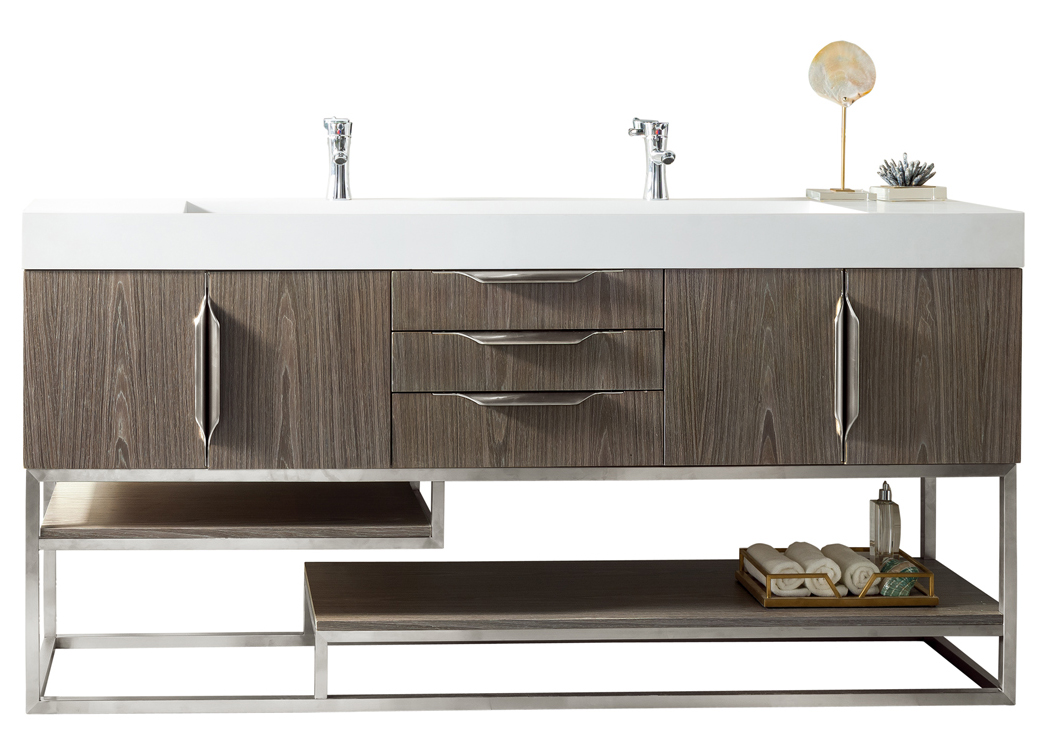 James Martin 388-V72D-AGR-BN-GW Columbia 72" Double Vanity, Ash Gray w/ Glossy White Composite Top