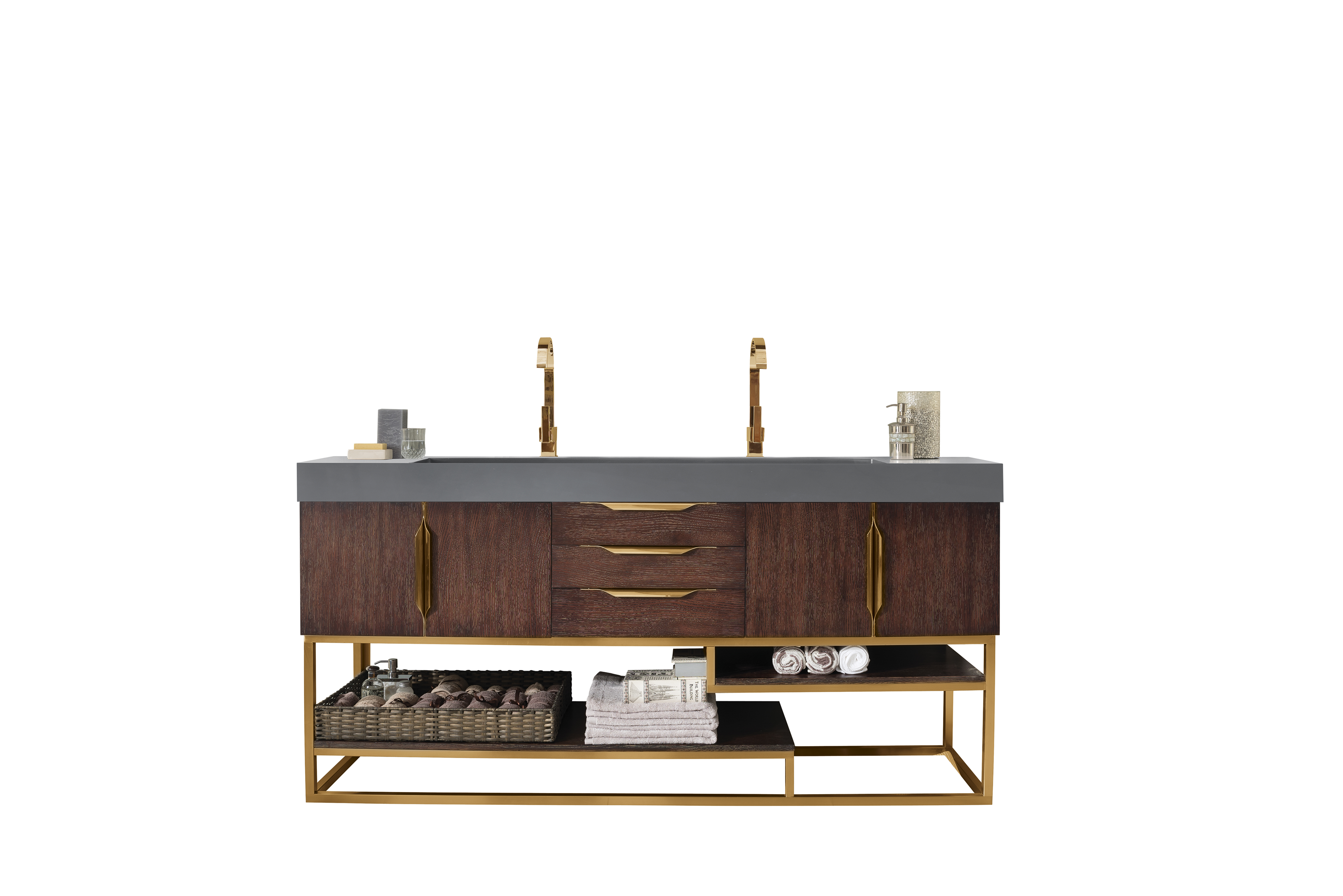 James Martin 388-V72D-CFO-RG-DGG Columbia 72" Double Vanity, Coffee Oak, Radiant Gold w/ Dusk Grey Glossy Composite Top