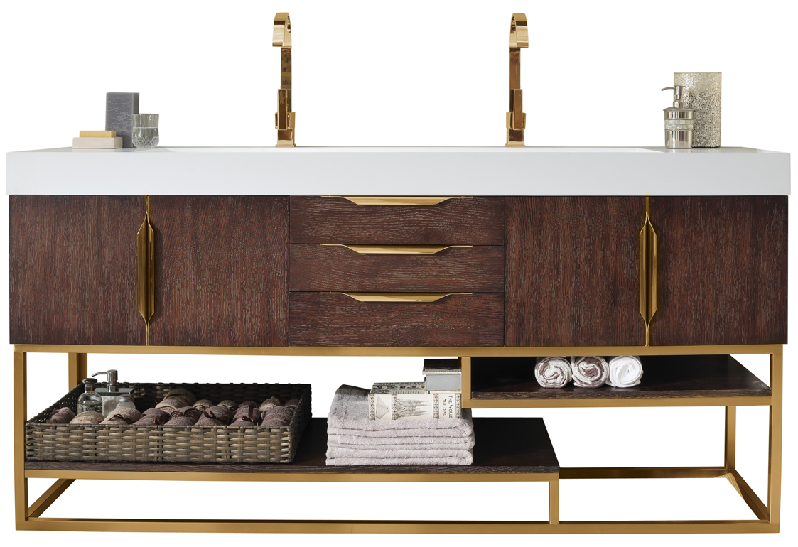 James Martin 388-V72D-CFO-RG-GW Columbia 72" Double Vanity, Coffee Oak, Radiant Gold w/ Glossy White Composite Top