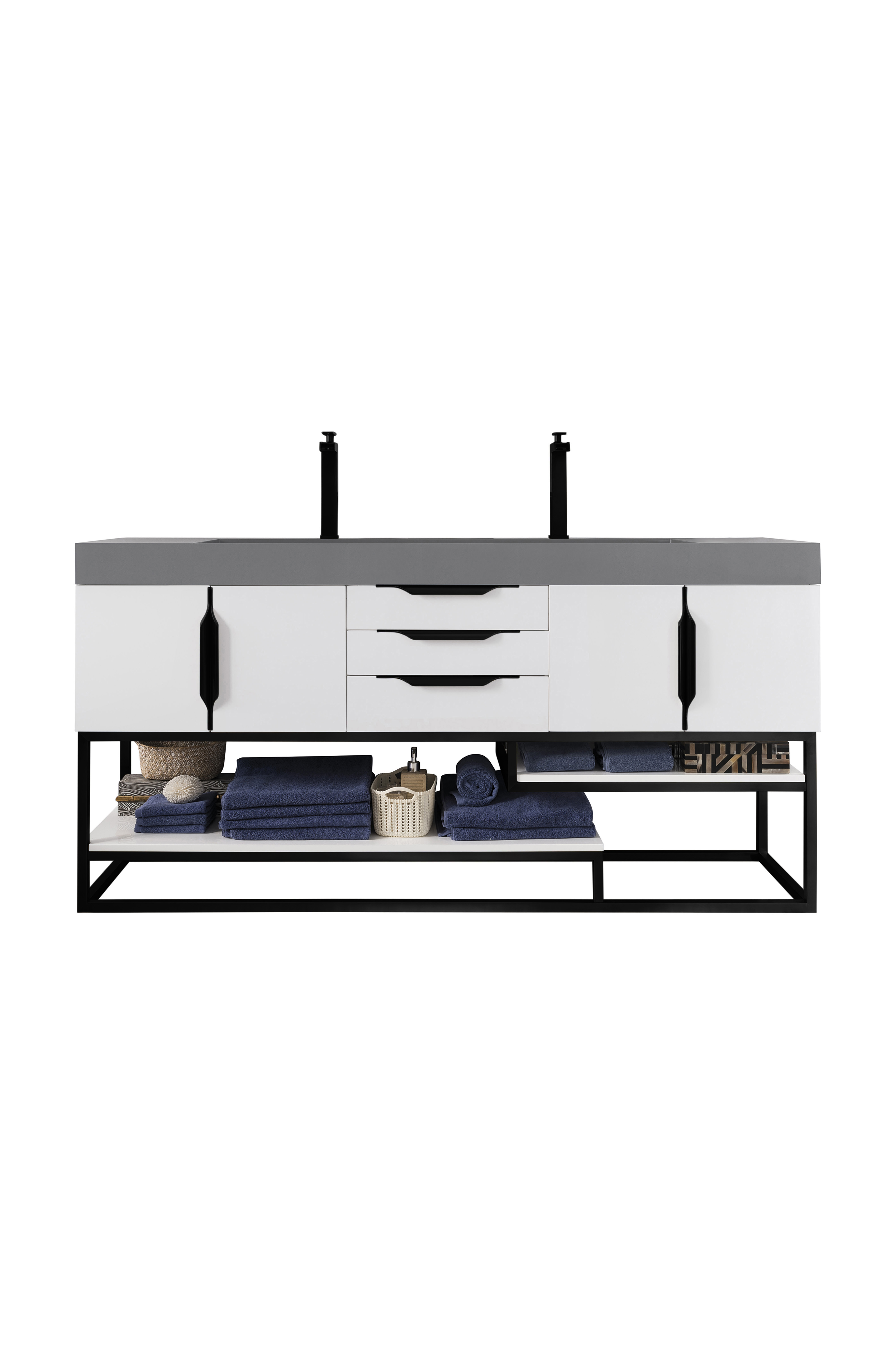 James Martin 388-V72D-GW-MB-DGG Columbia 72" Double Vanity, Glossy White, Matte Black w/ Dusk Grey Glossy Composite Top