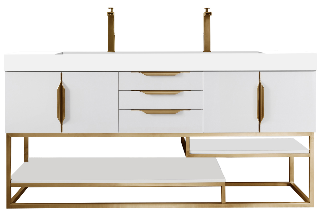 James Martin 388-V72D-GW-RG-GW Columbia 72" Double Vanity, Glossy White, Radiant Gold w/ Glossy White Composite Top