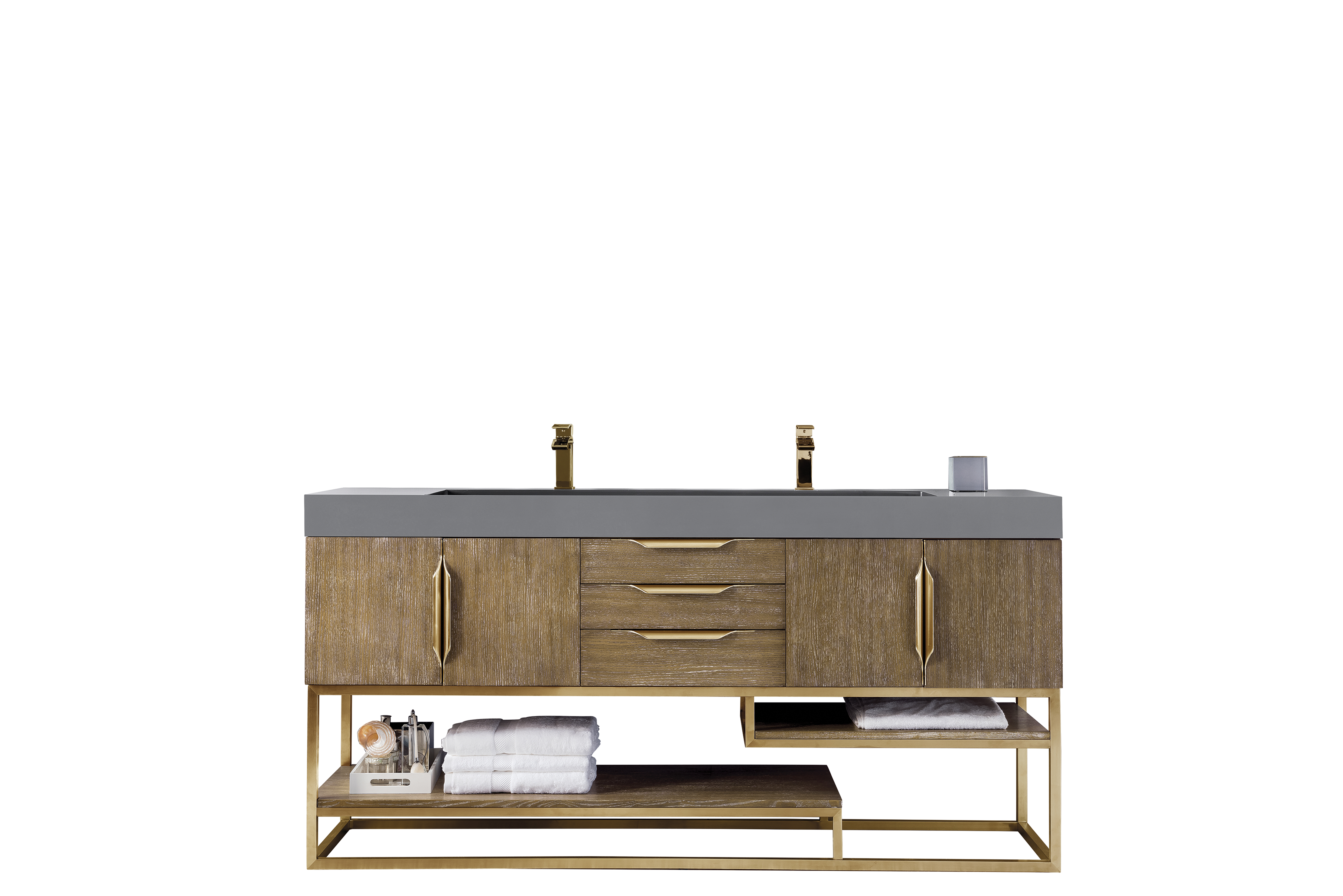 James Martin 388-V72D-LTO-RG-DGG Columbia 72" Double Vanity, Latte Oak, Radiant Gold w/ Dusk Grey Glossy Composite Top