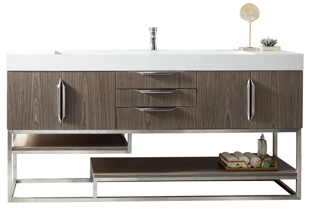 James Martin 388-V72S-AGR-BN-GW Columbia 72" Single Vanity, Ash Gray w/ Glossy White Composite Top