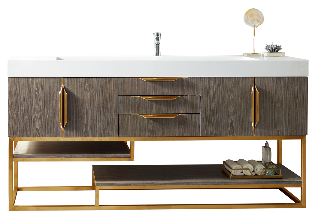 James Martin 388-V72S-AGR-RG-GW Columbia 72" Single Vanity, Ash Gray, Radiant Gold w/ Glossy White Composite Top