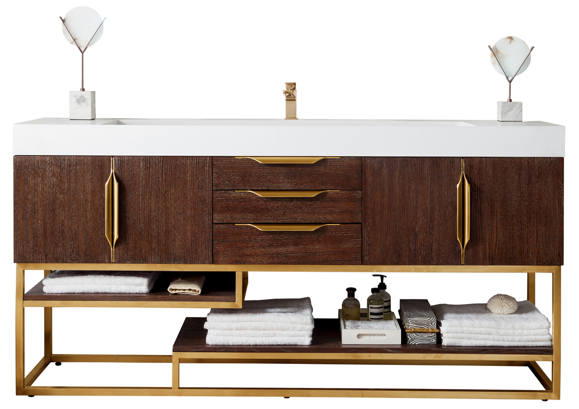 James Martin 388-V72S-CFO-RG-GW Columbia 72" Single Vanity, Coffee Oak, Radiant Gold w/ Glossy White Composite Top