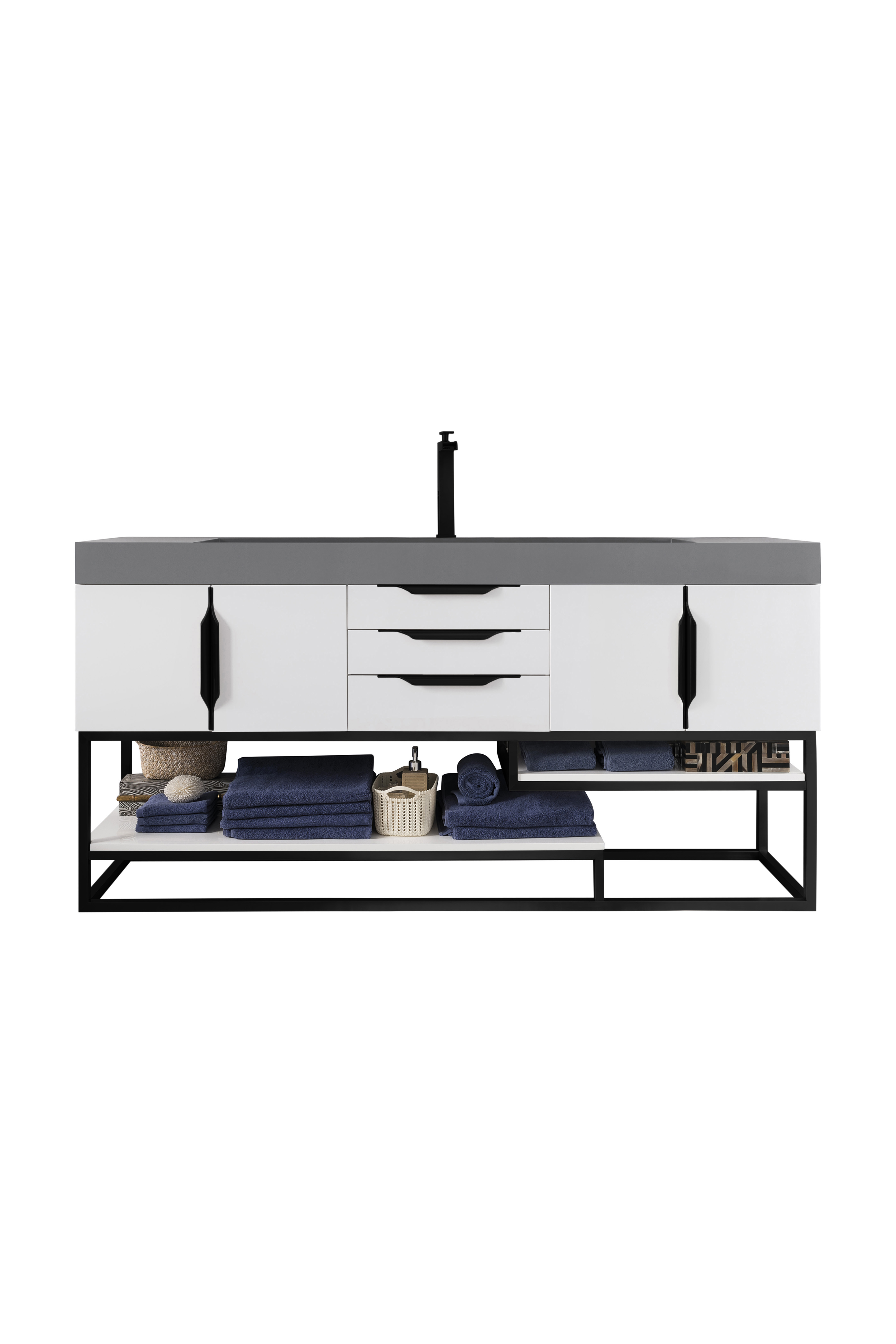 James Martin 388-V72S-GW-MB-DGG Columbia 72" Single Vanity, Glossy White, Matte Black w/ Dusk Grey Glossy Composite Top