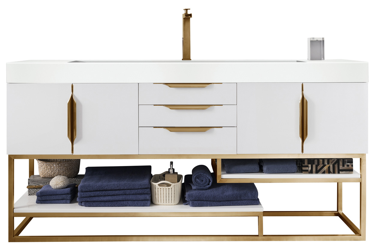 James Martin 388-V72S-GW-RG-GW Columbia 72" Single Vanity, Glossy White, Radiant Gold w/ Glossy White Composite Top