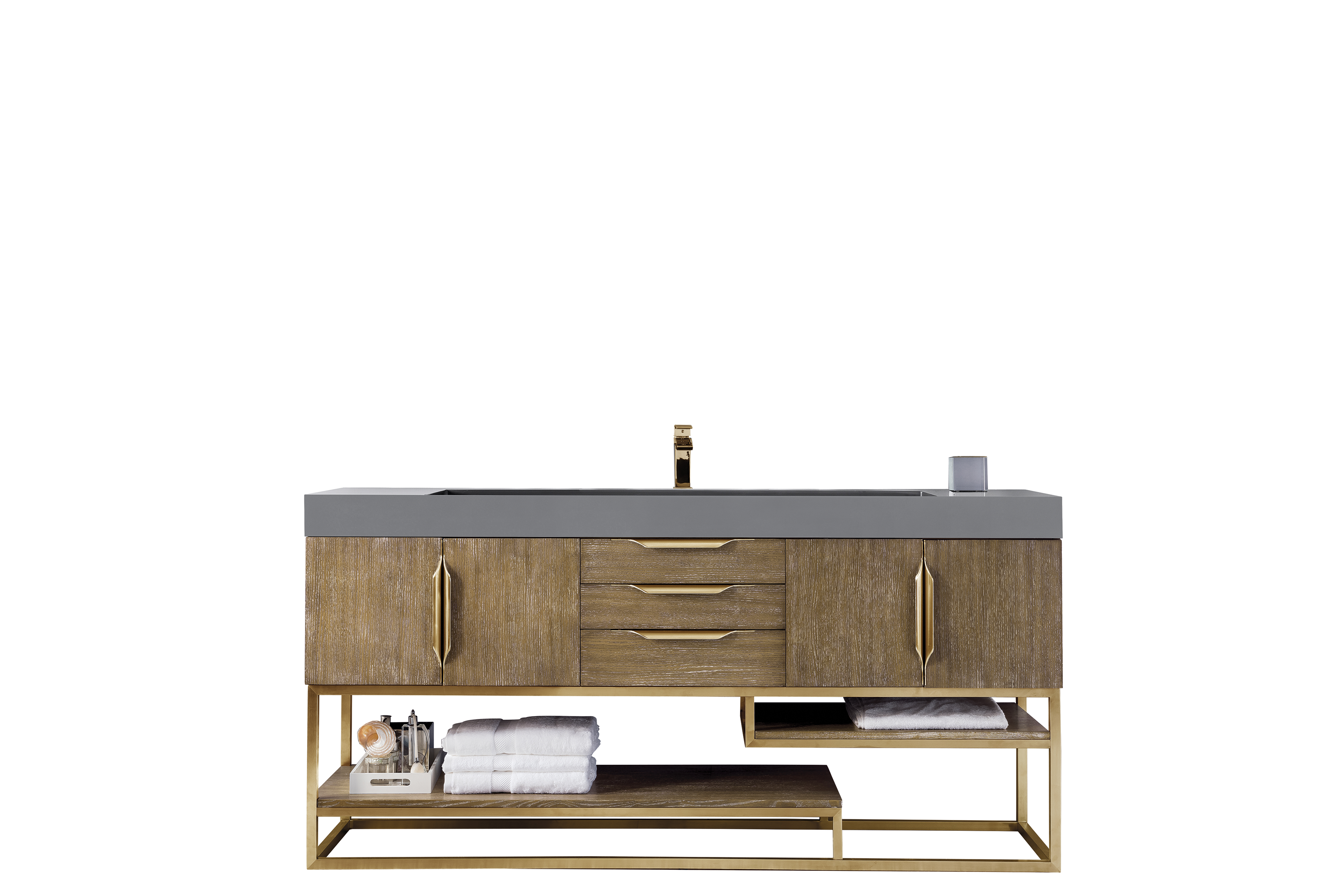 James Martin 388-V72S-LTO-RG-DGG Columbia 72" Single Vanity, Latte Oak, Radiant Gold w/ Dusk Grey Glossy Composite Top