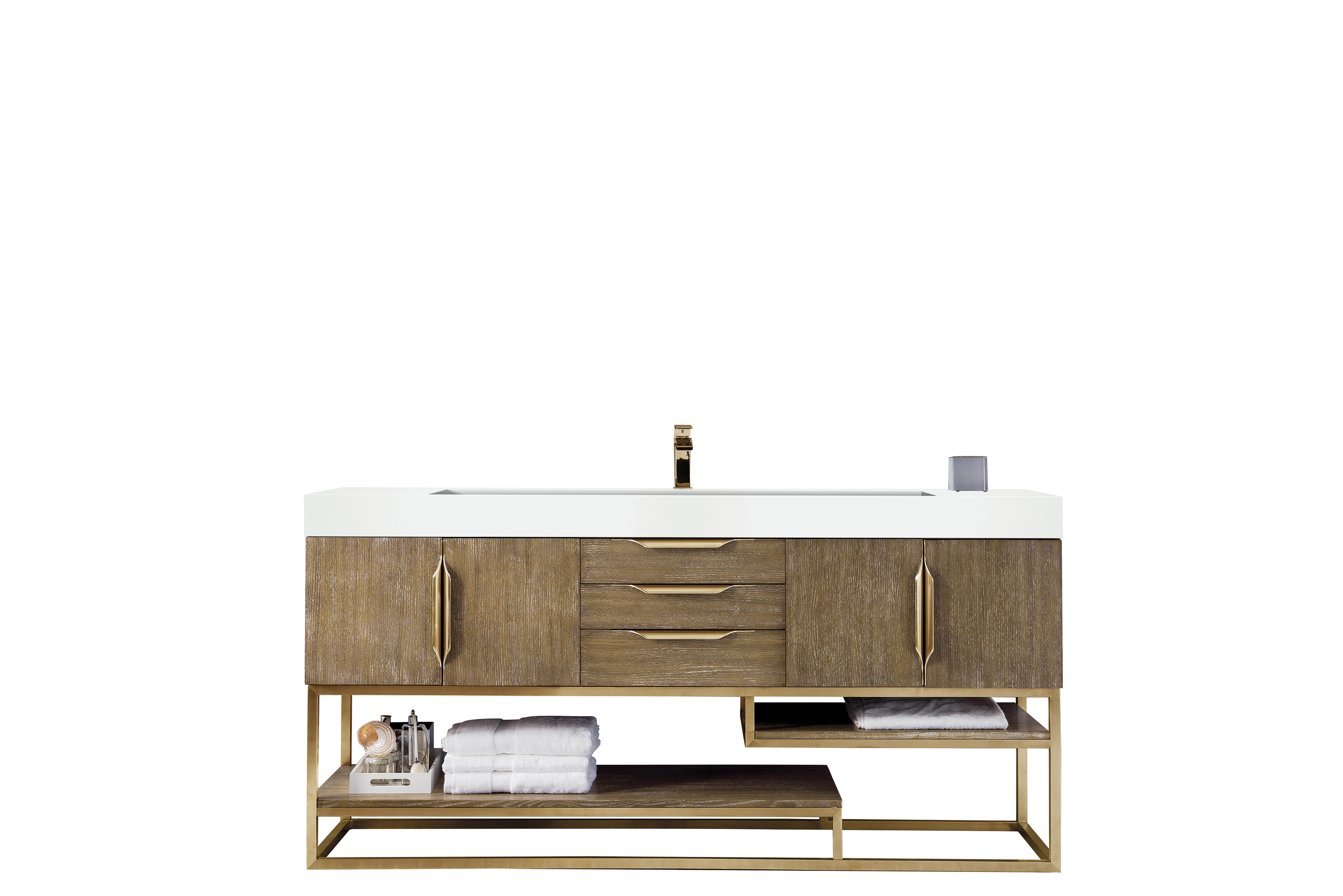 James Martin 388-V72S-LTO-RG-GW Columbia 72" Single Vanity, Latte Oak, Radiant Gold w/ Glossy White Composite Top