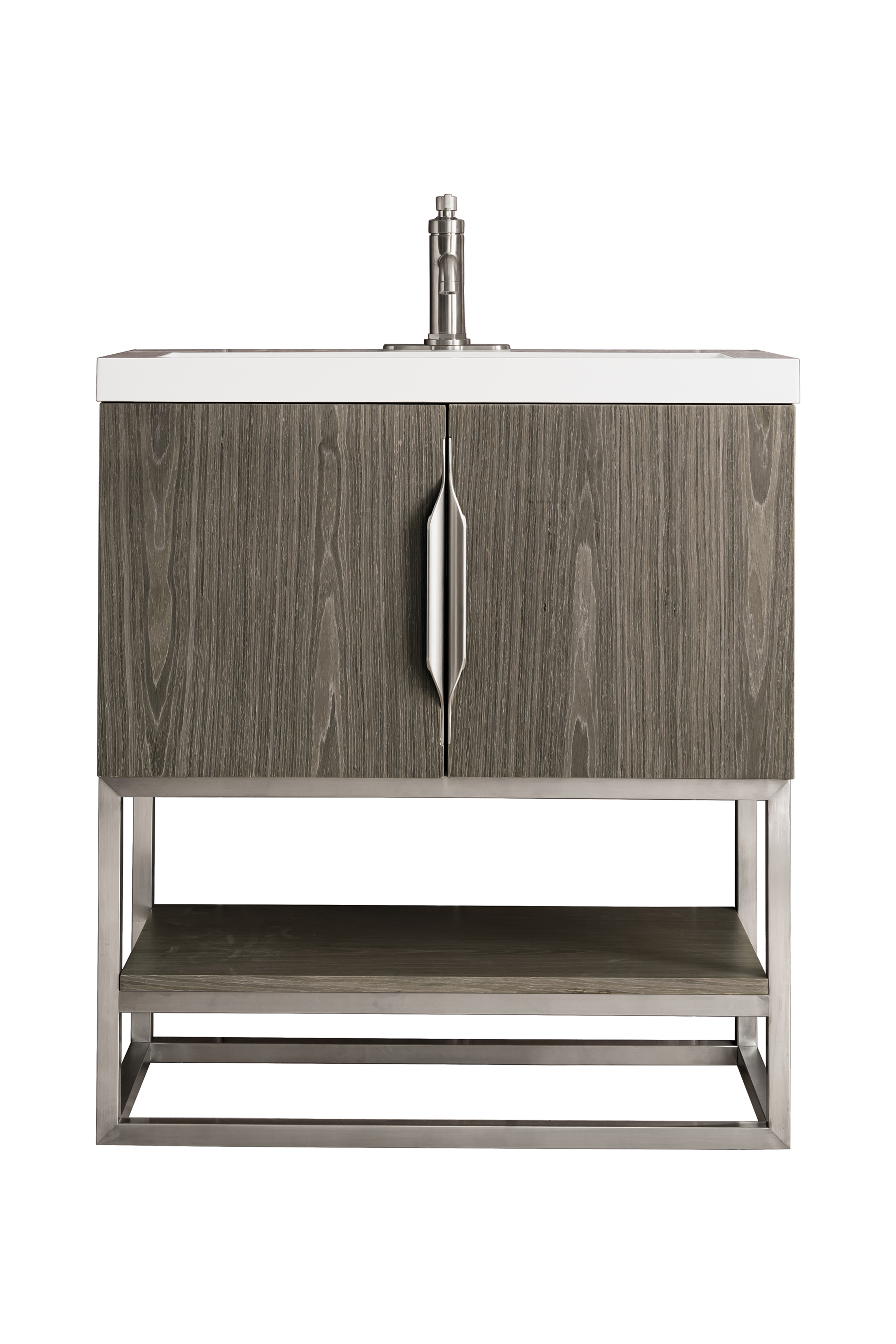 James Martin 388V31.5AGRBNKWG Columbia 31.5" Single Vanity Cabinet, Ash Gray, Brushed Nickel, w/ White Glossy Composite Countertop