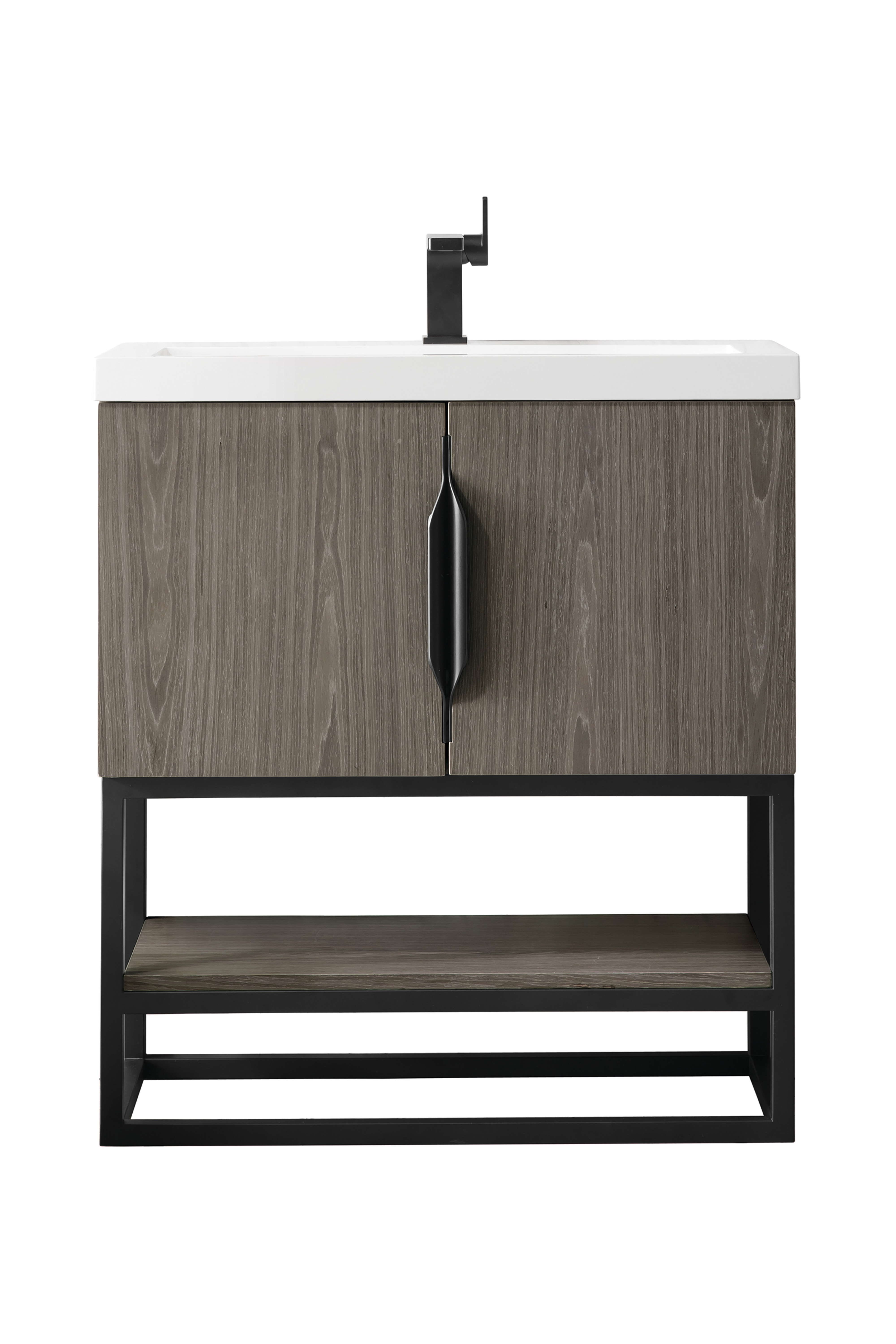 James Martin 388V31.5AGRMBKWG Columbia 31.5" Single Vanity Cabinet, Ash Gray, Matte Black, w/ White Glossy Composite Countertop