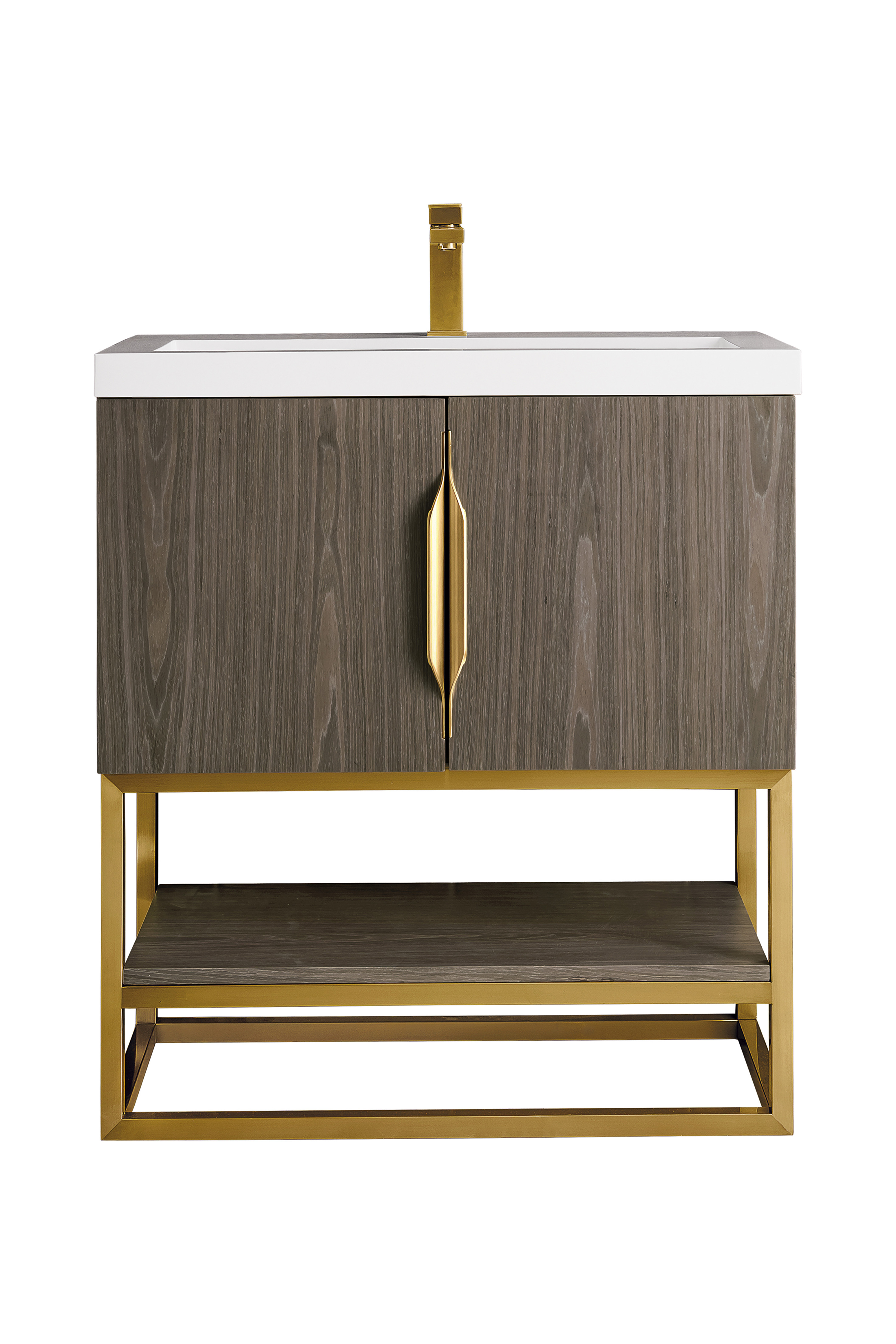 James Martin 388V31.5AGRRGDWG Columbia 31.5" Single Vanity Cabinet, Ash Gray, Radiant Gold, w/ White Glossy Composite Countertop