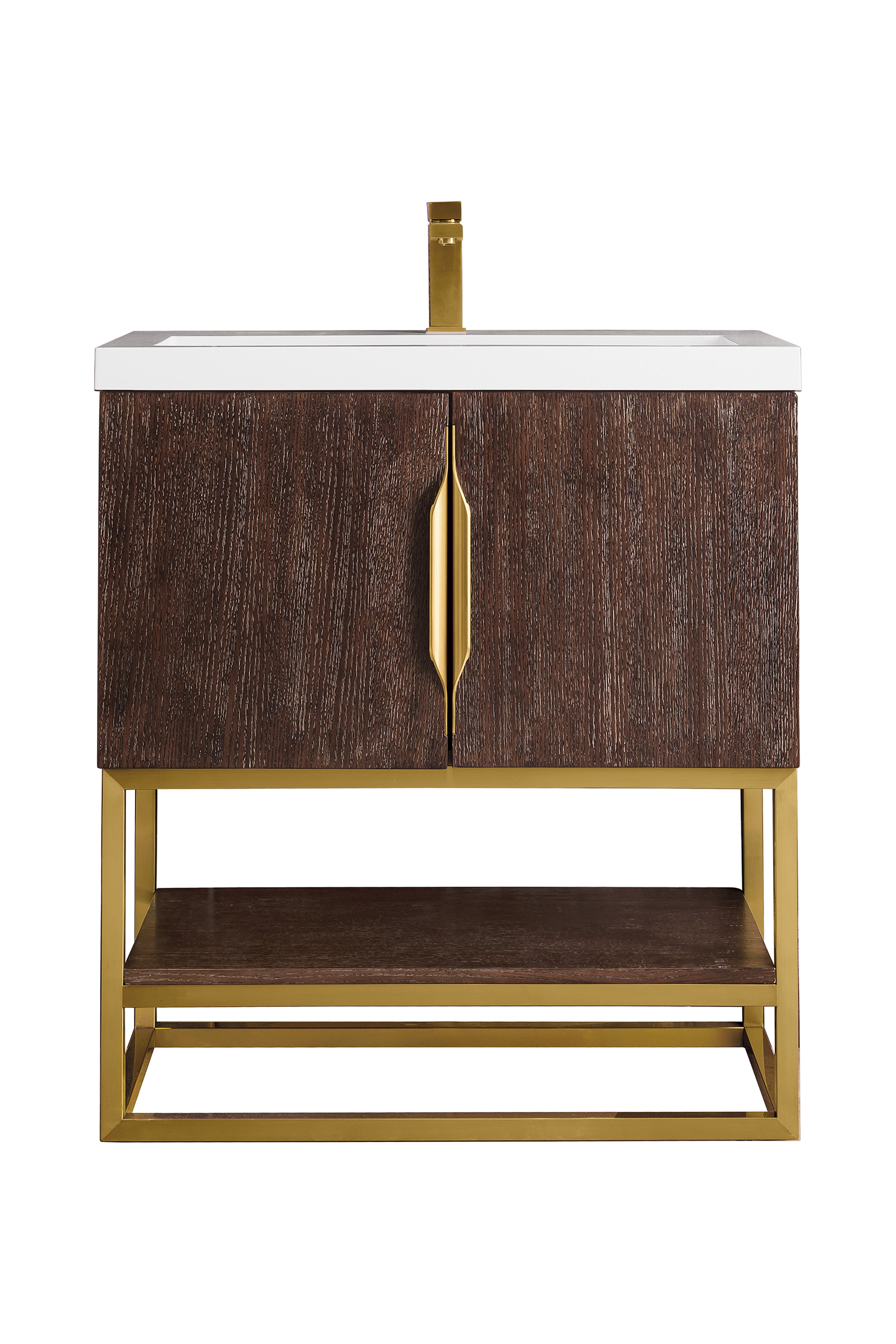 James Martin 388V31.5CFORGDWG Columbia 31.5" Single Vanity Cabinet, Coffee Oak, Radiant Gold, w/ White Glossy Composite Countertop