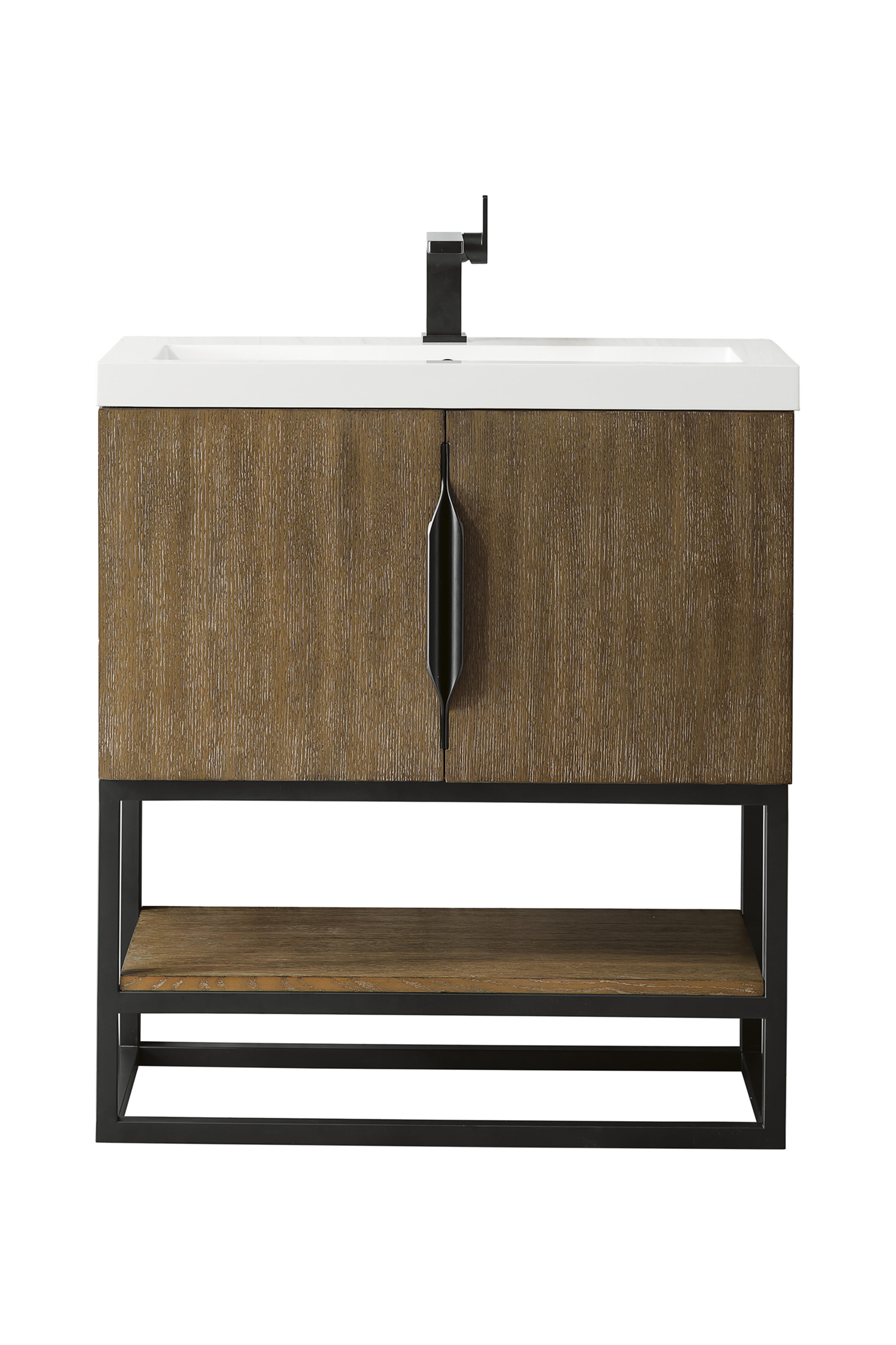 James Martin 388V31.5LTOMBKWG Columbia 31.5" Single Vanity Cabinet, Latte Oak, Matte Black, w/ White Glossy Composite Countertop