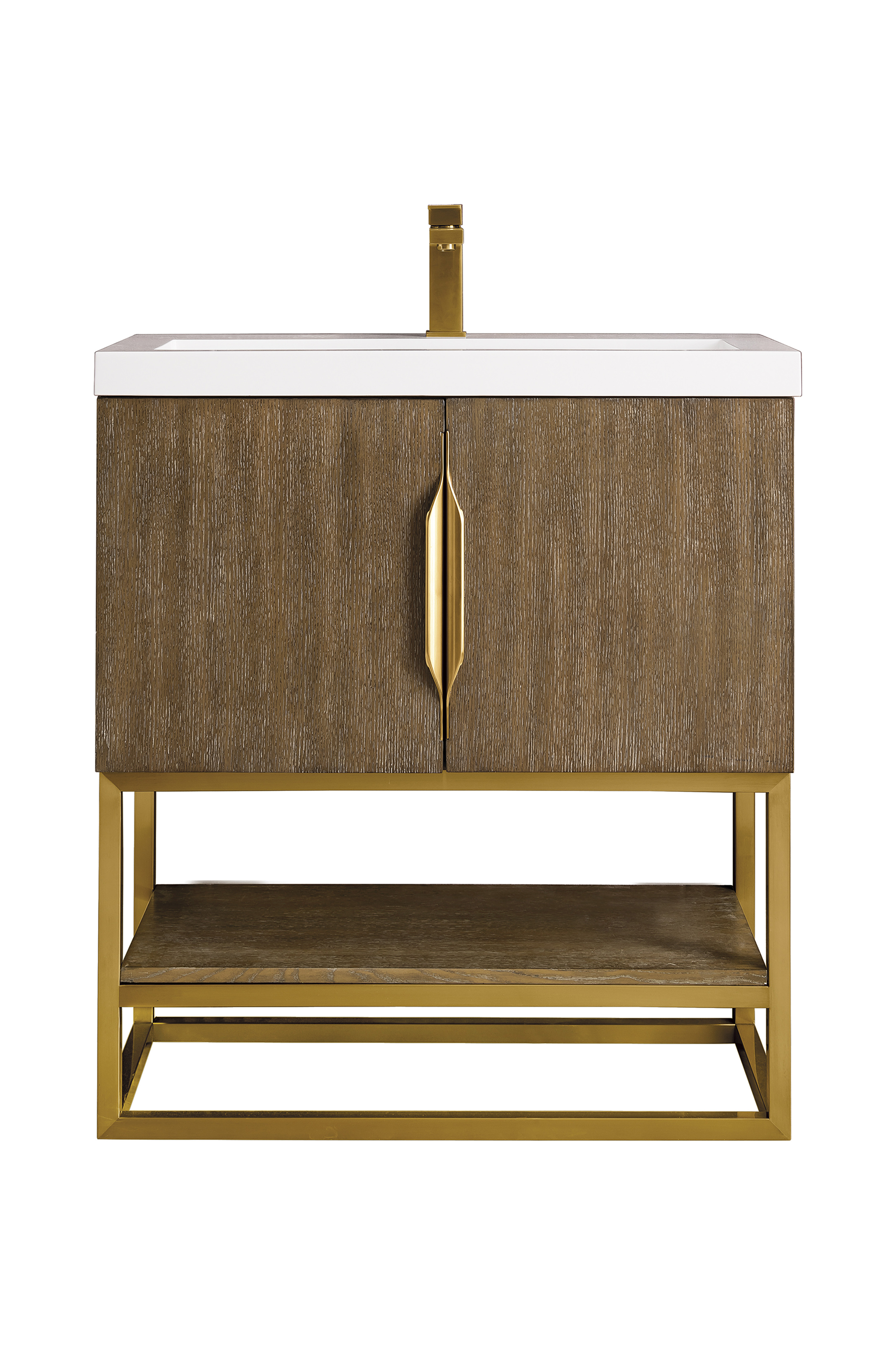 James Martin 388V31.5LTORGDWG Columbia 31.5" Single Vanity Cabinet, Latte Oak, Radiant Gold, w/ White Glossy Composite Countertop