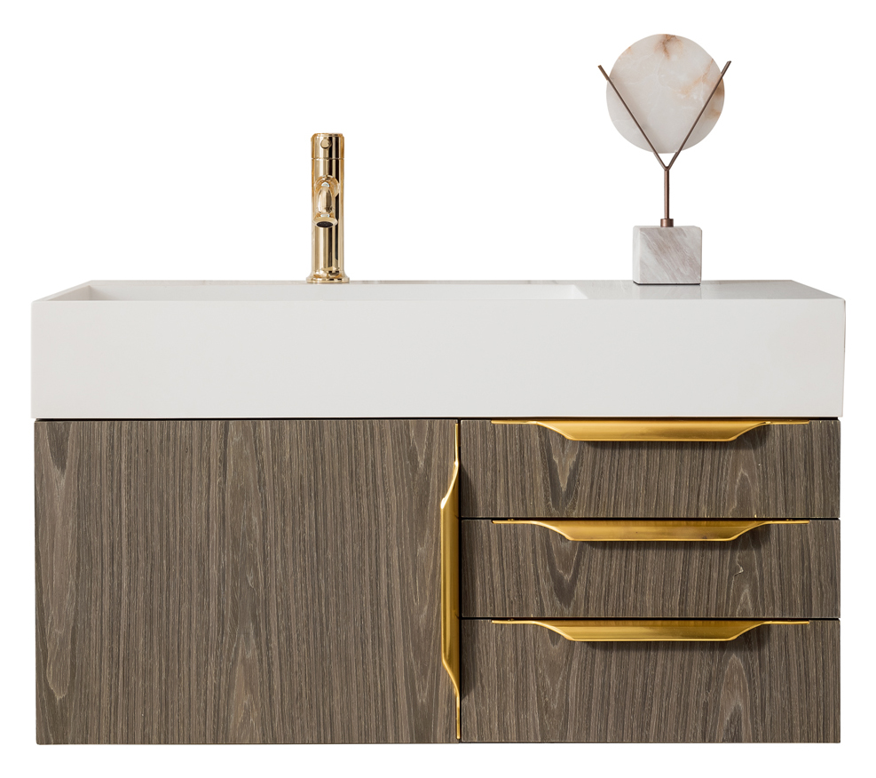 James Martin 389-V36-AGR-G-GW Mercer Island 36" Single Vanity, Ash Gray, Radiant Gold w/ Glossy White Composite Top - Click Image to Close