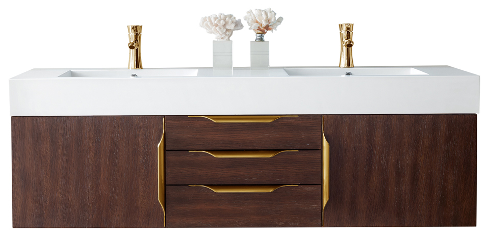 James Martin 389-V59D-CFO-G-GW Mercer Island 59" Double Vanity, Coffee Oak, Radiant Gold w/ Glossy White Composite Top