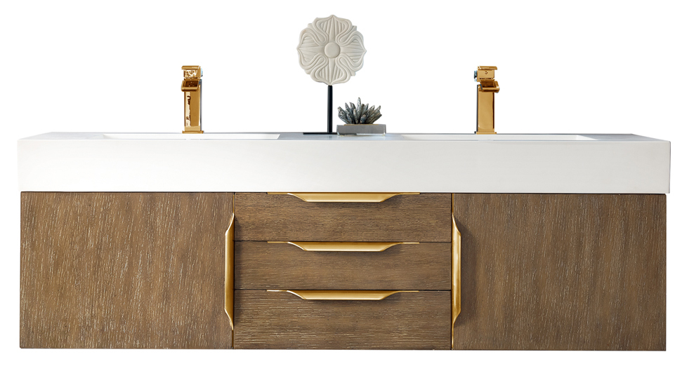 James Martin 389-V59D-LTO-G-GW Mercer Island 59" Double Vanity, Latte Oak, Radiant Gold w/ Glossy White Composite Top