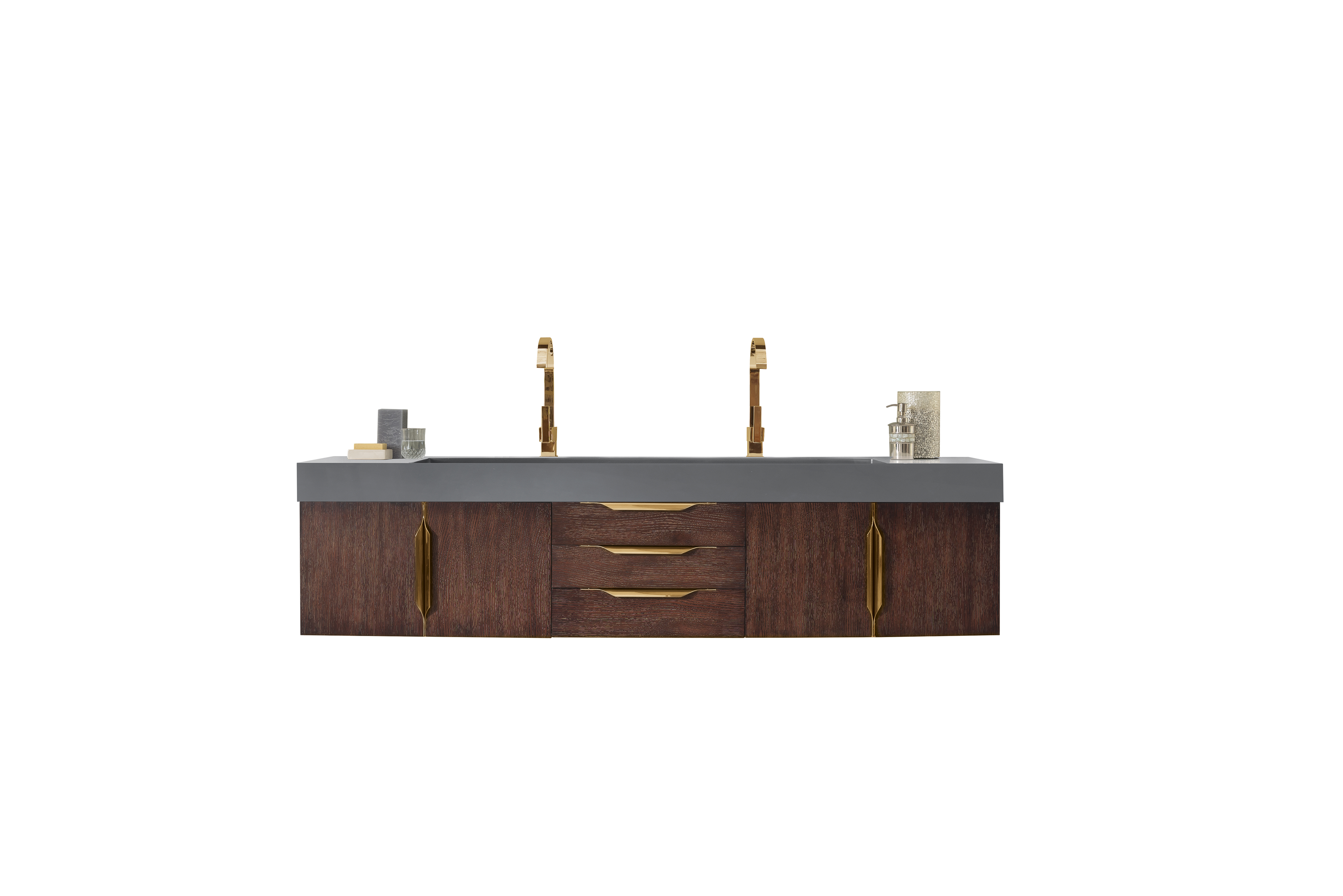 James Martin 389-V72D-CFO-G-DGG Mercer Island 72" Double Vanity, Coffee Oak, Radiant Gold w/ Dusk Grey Glossy Composite Top