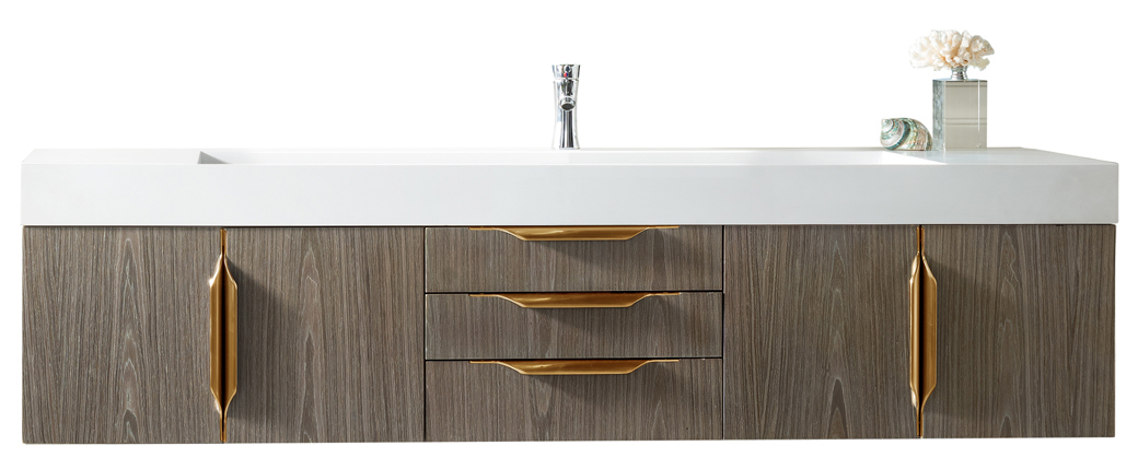 James Martin 389-V72S-AGR-G-GW Mercer Island 72" Single Vanity, Ash Gray, Radiant Gold w/ Glossy White Composite Top