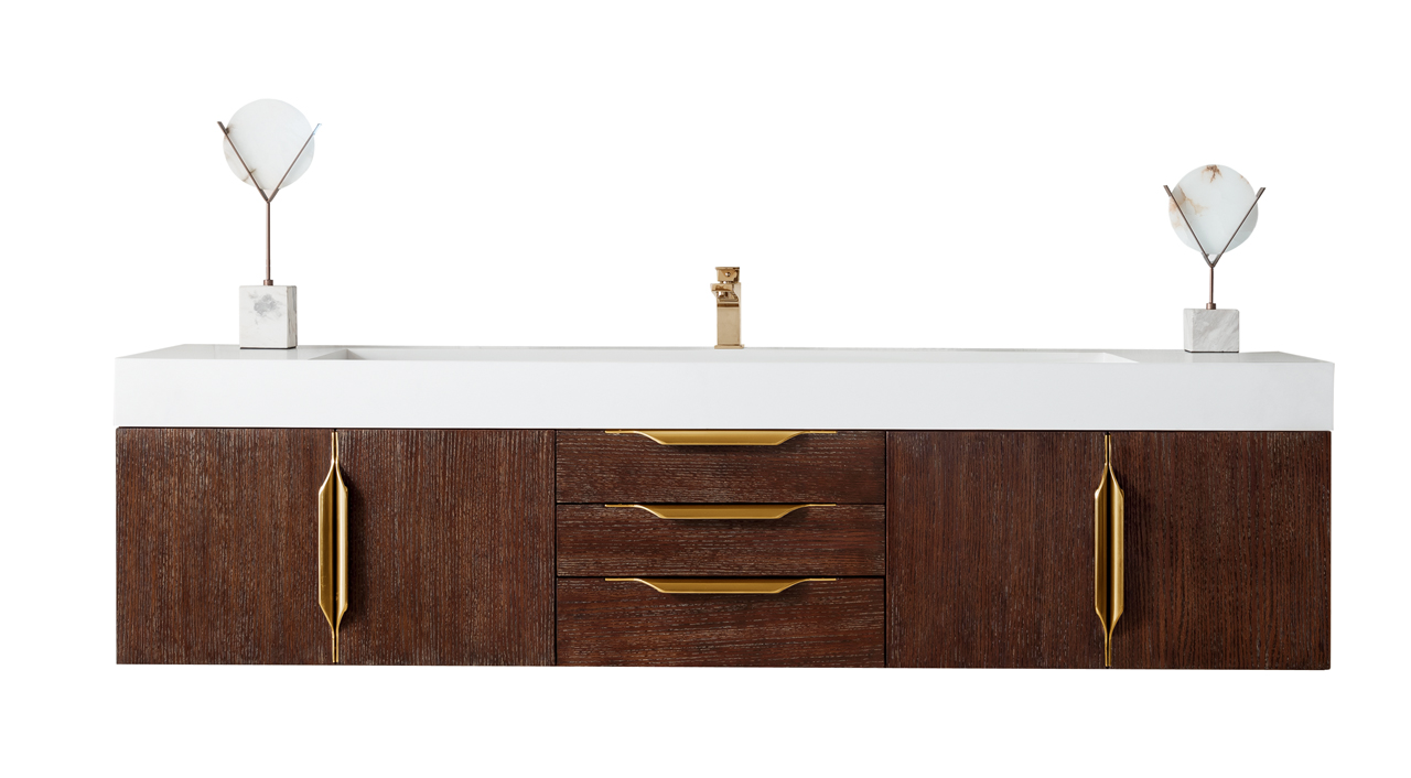 James Martin 389-V72S-CFO-G-GW Mercer Island 72" Single Vanity, Coffee Oak, Radiant Gold w/ Glossy White Composite Top