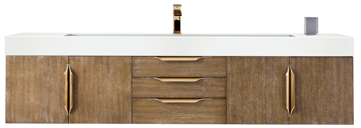 James Martin 389-V72S-LTO-G-GW Mercer Island 72" Single Vanity, Latte Oak, Radiant Gold w/ Glossy White Composite Top