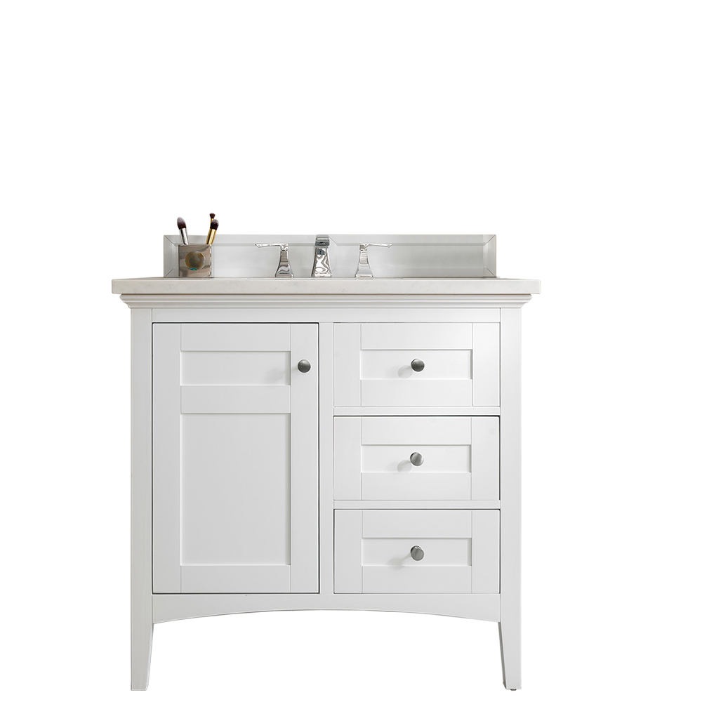 James Martin 527-V36-BW-3AF Palisades 36" Single Vanity, Bright White w/ 3 CM Arctic Fall Solid Surface Top - Click Image to Close