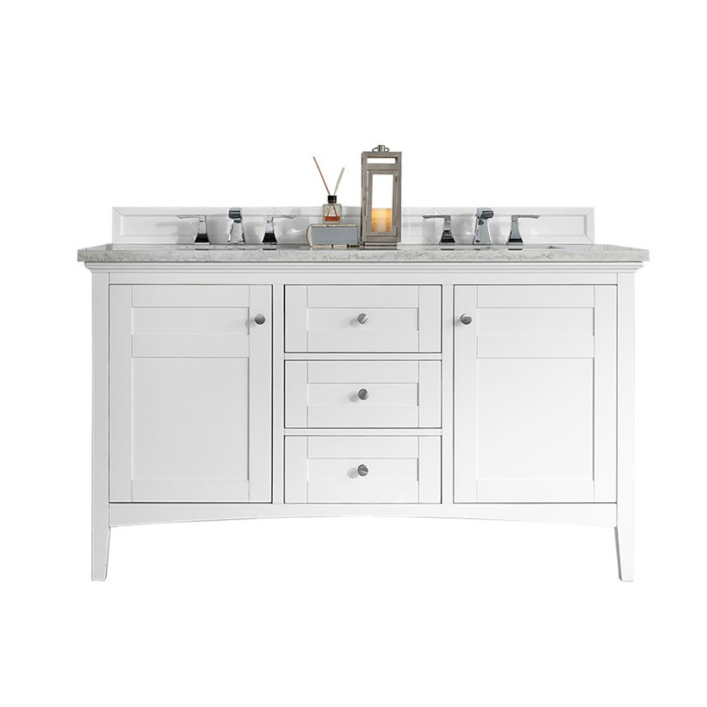 James Martin 527-V60D-BW-3AF Palisades 60" Double Vanity, Bright White w/ 3 CM Arctic Fall Solid Surface Top