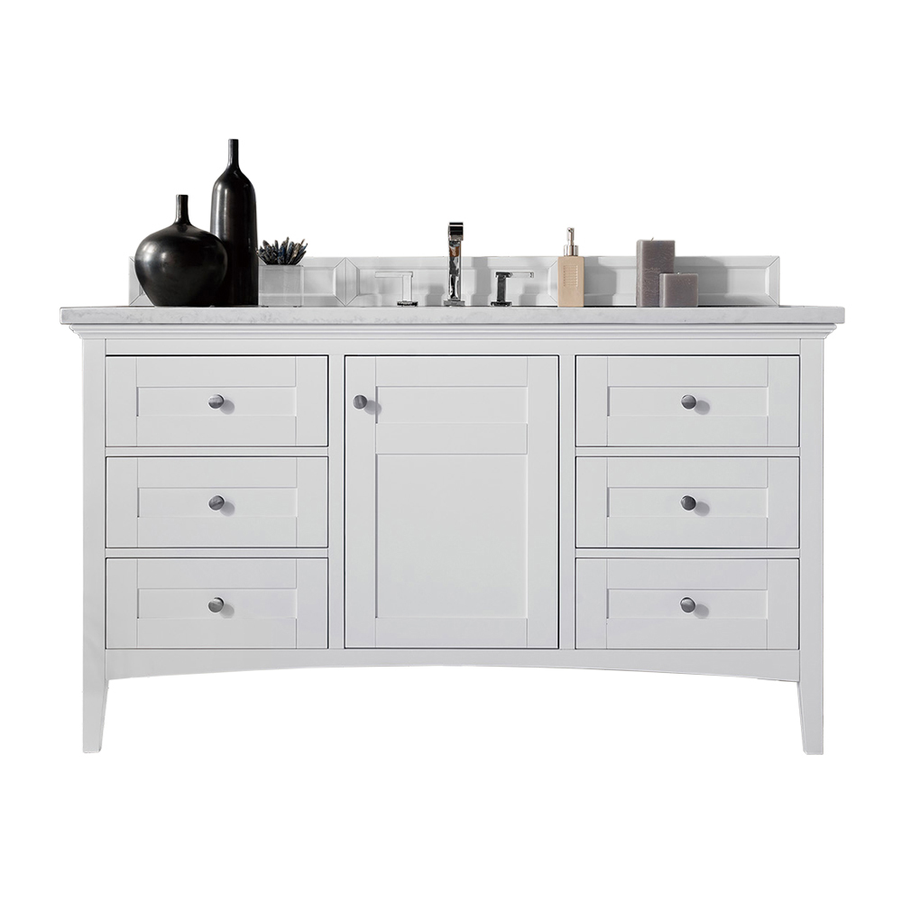 James Martin 527-V60S-BW-3AF Palisades 60" Single Vanity, Bright White w/ 3 CM Arctic Fall Solid Surface Top