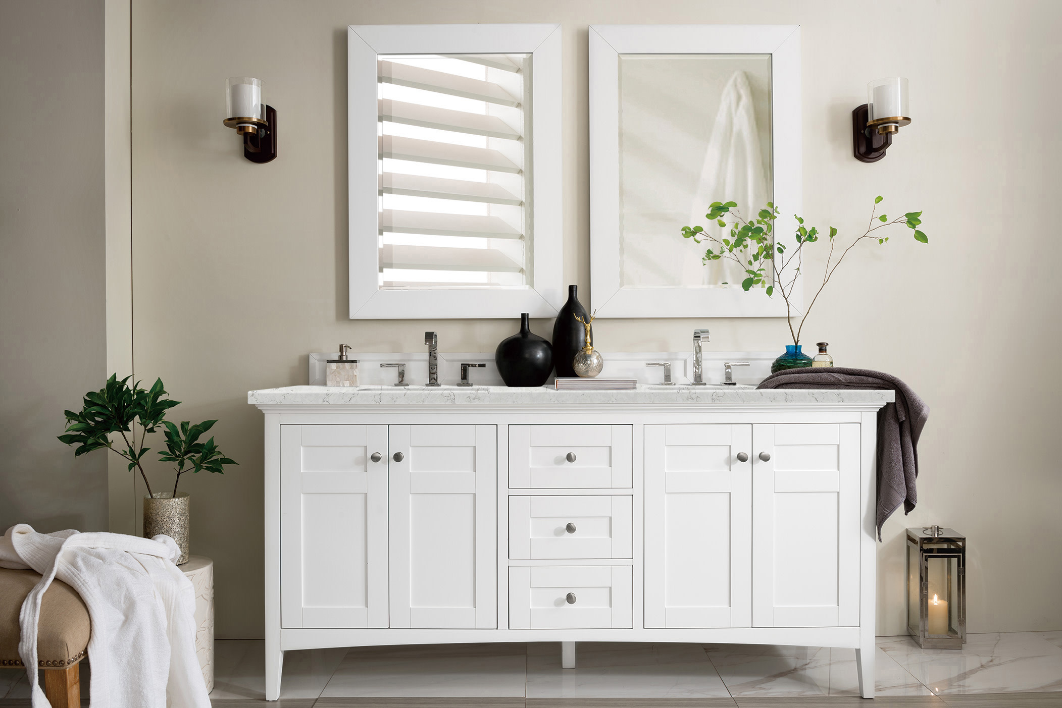 James Martin 527-V72-BW-3EJP Palisades 72" Double Vanity, Bright White, w/ 3 CM Eternal Jasmine Pearl Quartz Top