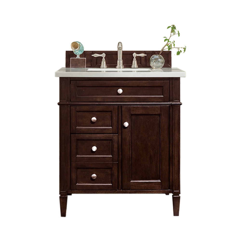 James Martin 650-V30-BNM-3AF Brittany 30" Single Vanity, Burnished Mahogany w/ 3 CM Arctic Fall Solid Surface Top