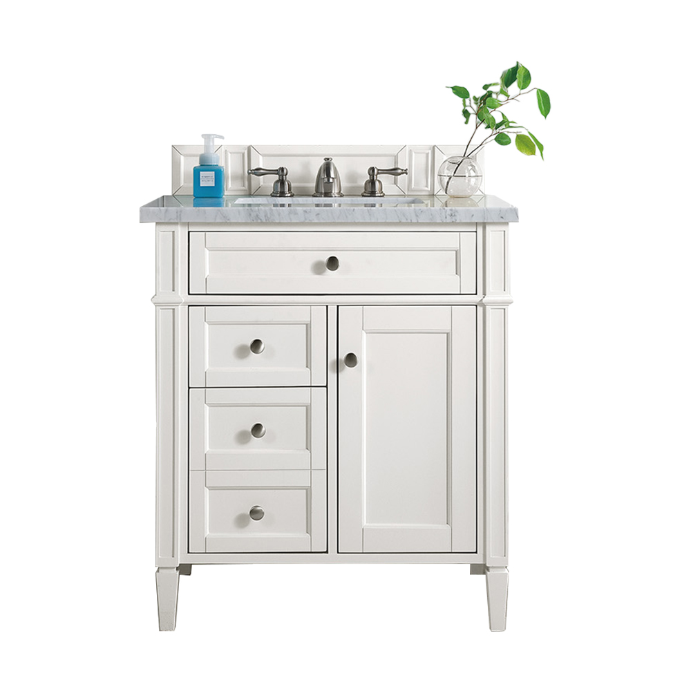 James Martin 650-V30-BW-3AF Brittany 30" Single Vanity, Bright White w/ 3 CM Arctic Fall Solid Surface Top