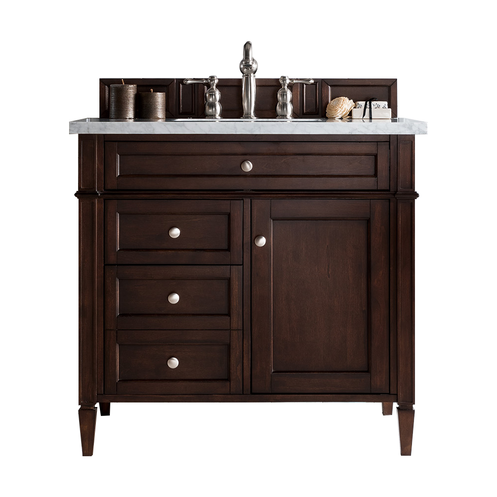 James Martin 650-V36-BNM-3AF Brittany 36" Burnished Mahogany Single Vanity w/ 3 CM Arctic Fall Solid Surface Top