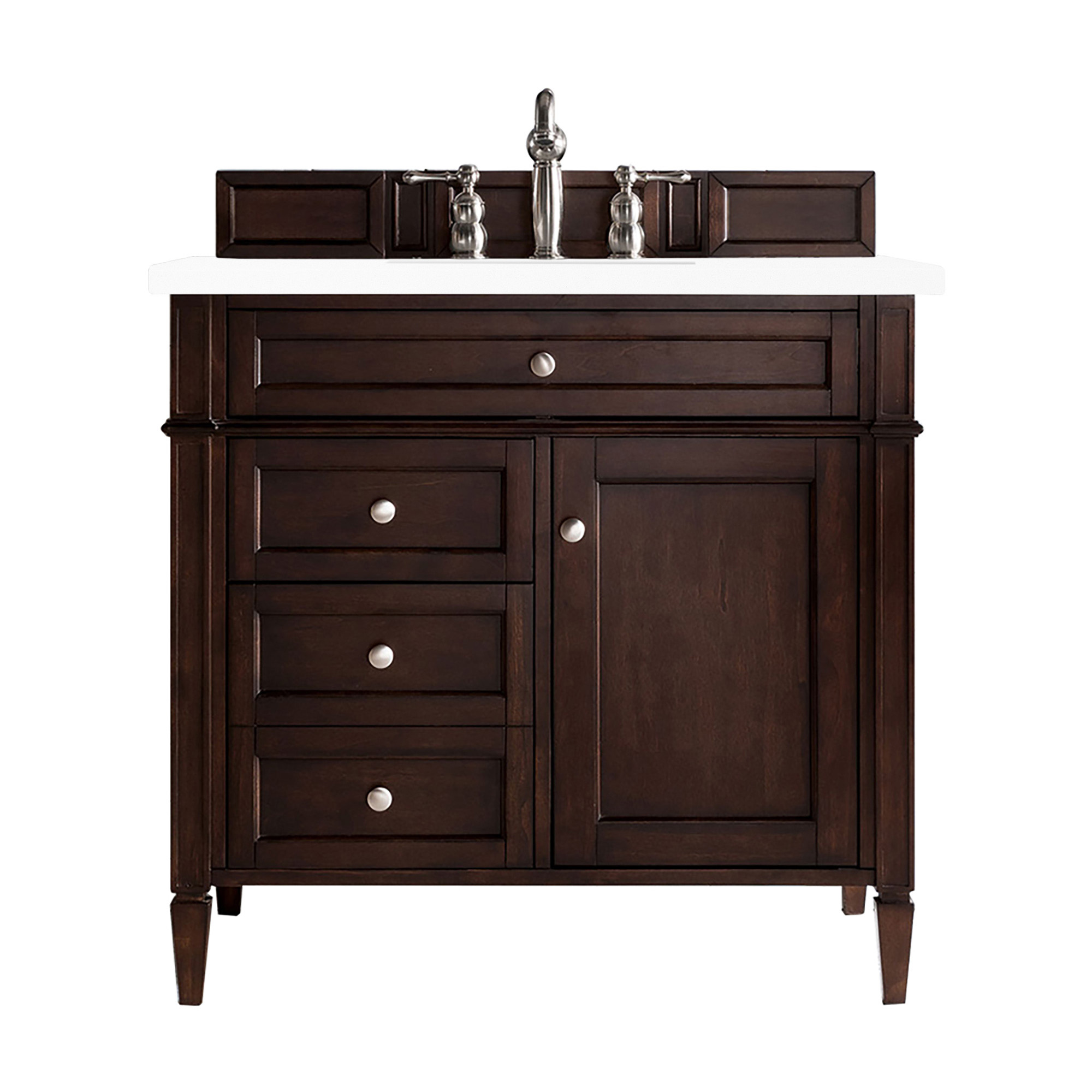 James Martin 650-V36-BNM-3CLW Brittany 36" Burnished Mahogany Single Vanity w/ 3 CM Classic White Quartz Top