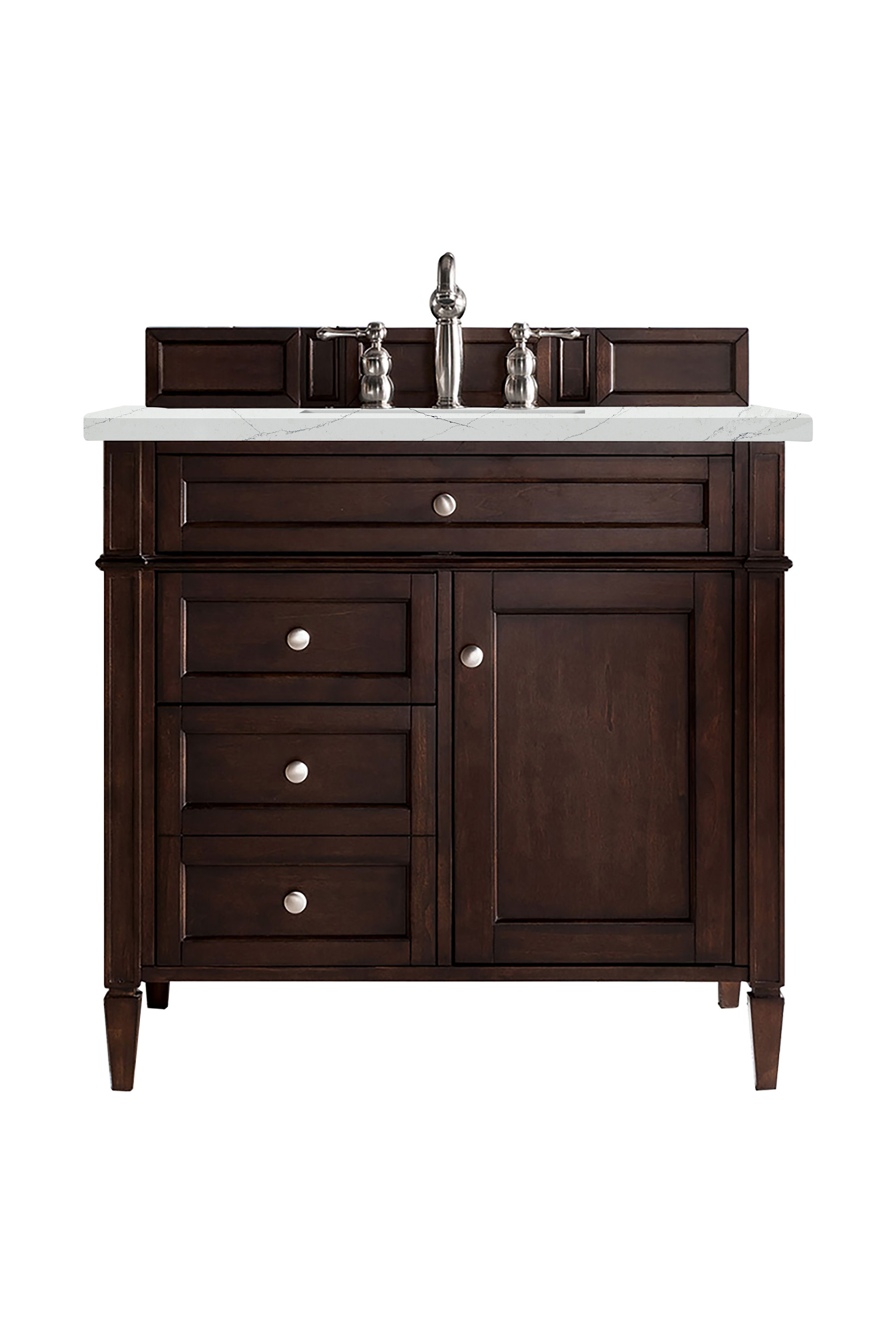 James Martin 650-V36-BNM-3ENC Brittany 36" Burnished Mahogany Single Vanity w/ 3 CM Ethereal Noctis Quartz Top