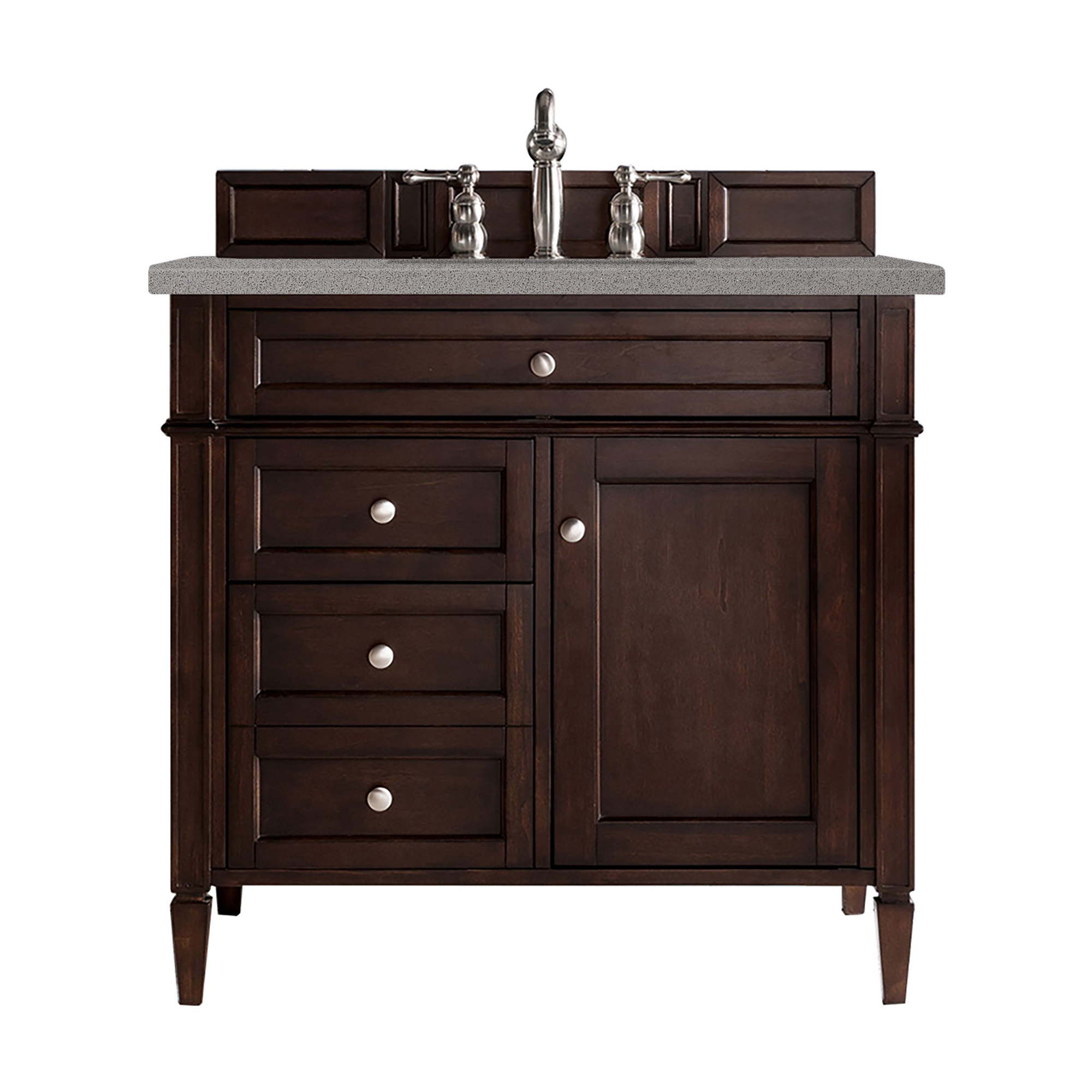 James Martin 650-V36-BNM-3GEX Brittany 36" Burnished Mahogany Single Vanity w/ 3 CM Grey Expo Quartz Top