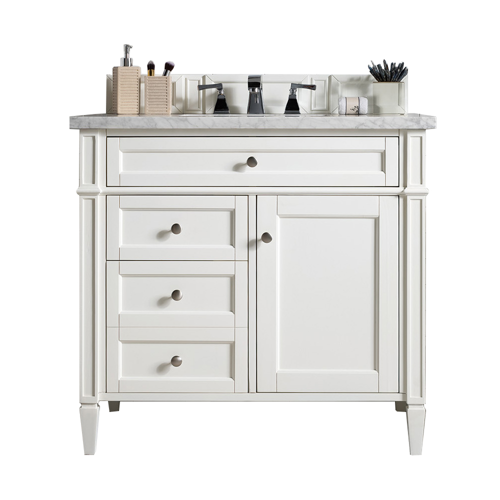 James Martin 650-V36-BW-3AF Brittany 36" Bright White Single Vanity w/ 3 CM Arctic Fall Solid Surface Top