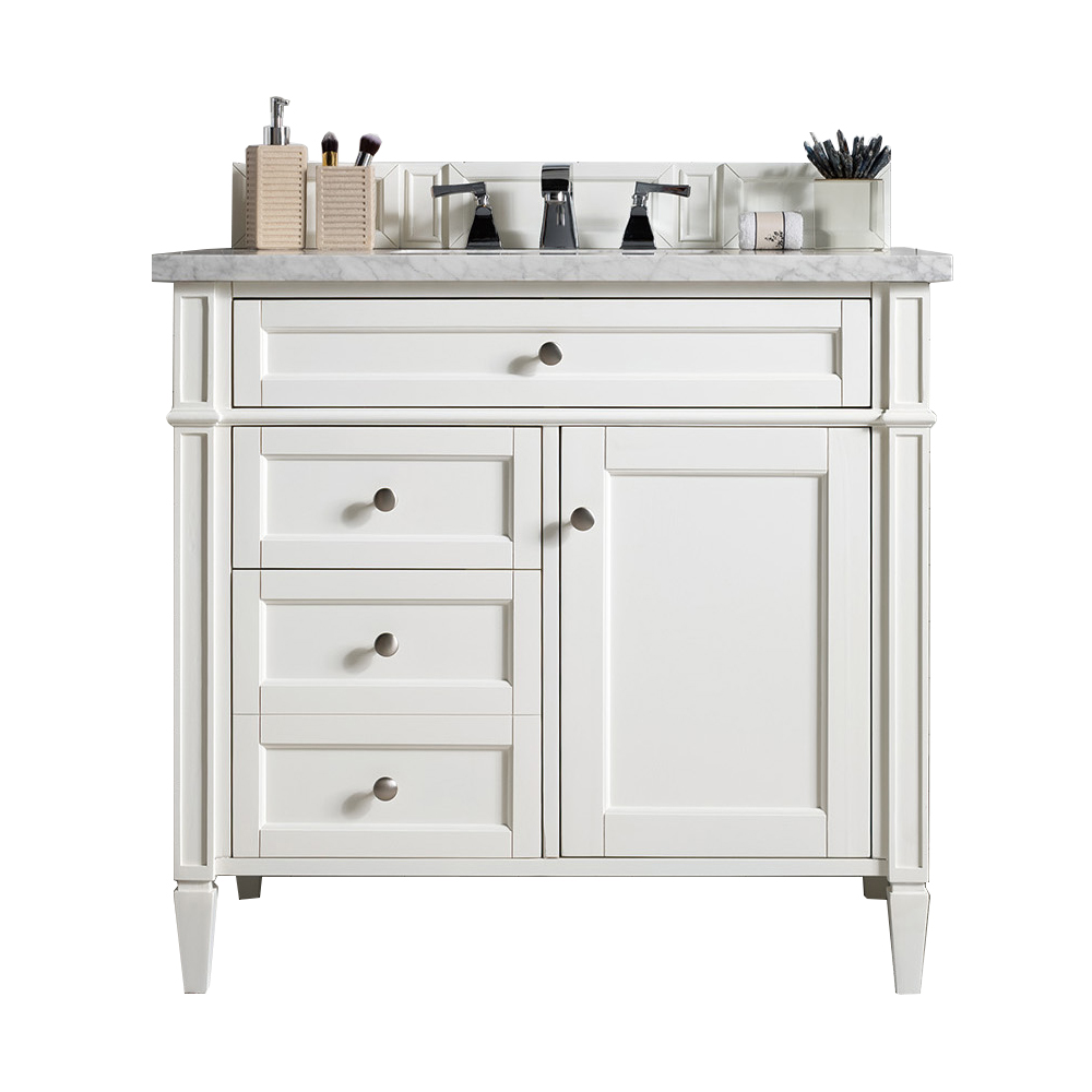 James Martin 650-V36-BW-3EJP Brittany 36" Bright White Single Vanity w/ 3 CM Eternal Jasmine Pearl Quartz Top