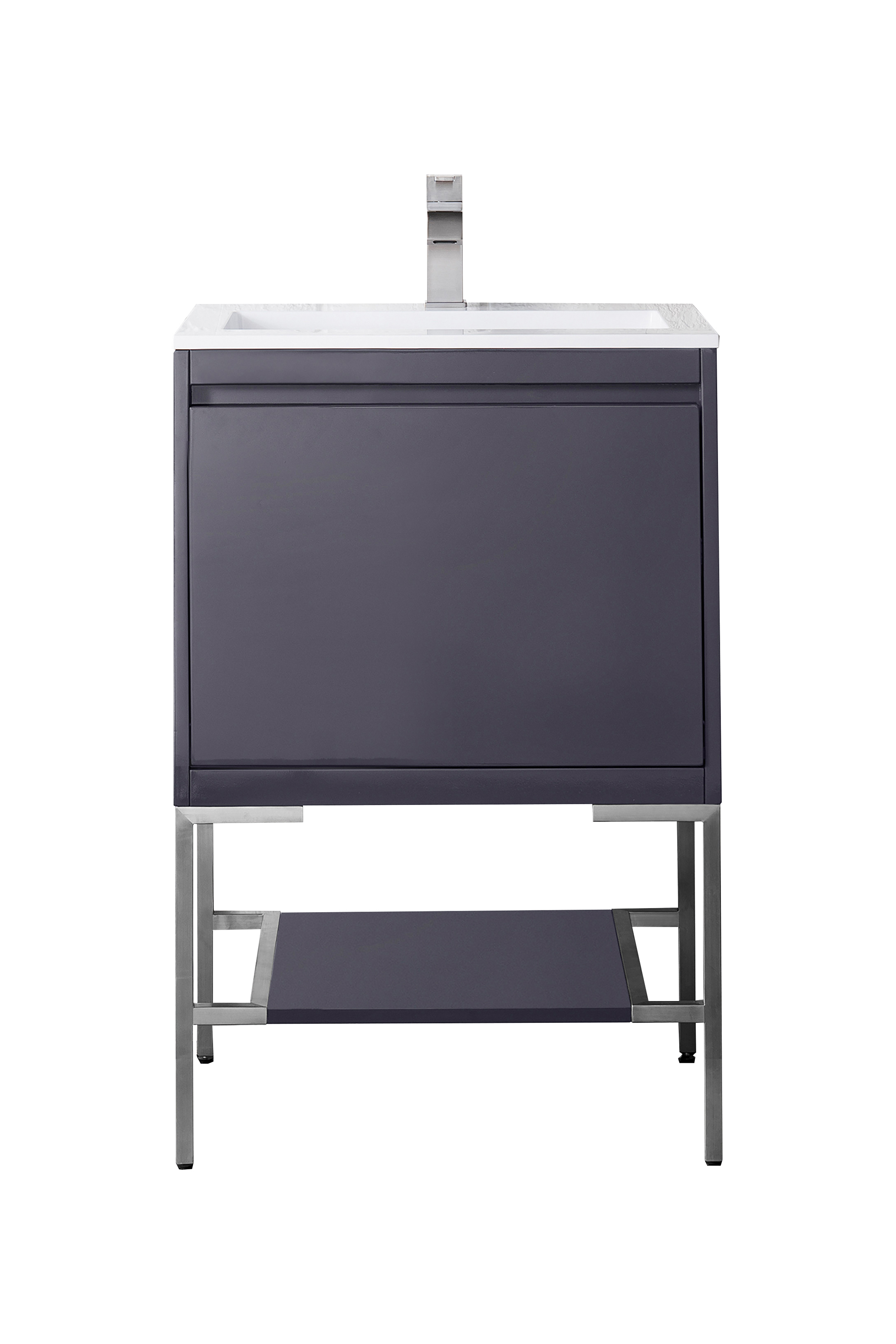 James Martin 801V23.6MGGBNKGW Milan 23.6" Single Vanity Cabinet, Modern Grey Glossy, Brushed Nickel w/Glossy White Composite Top