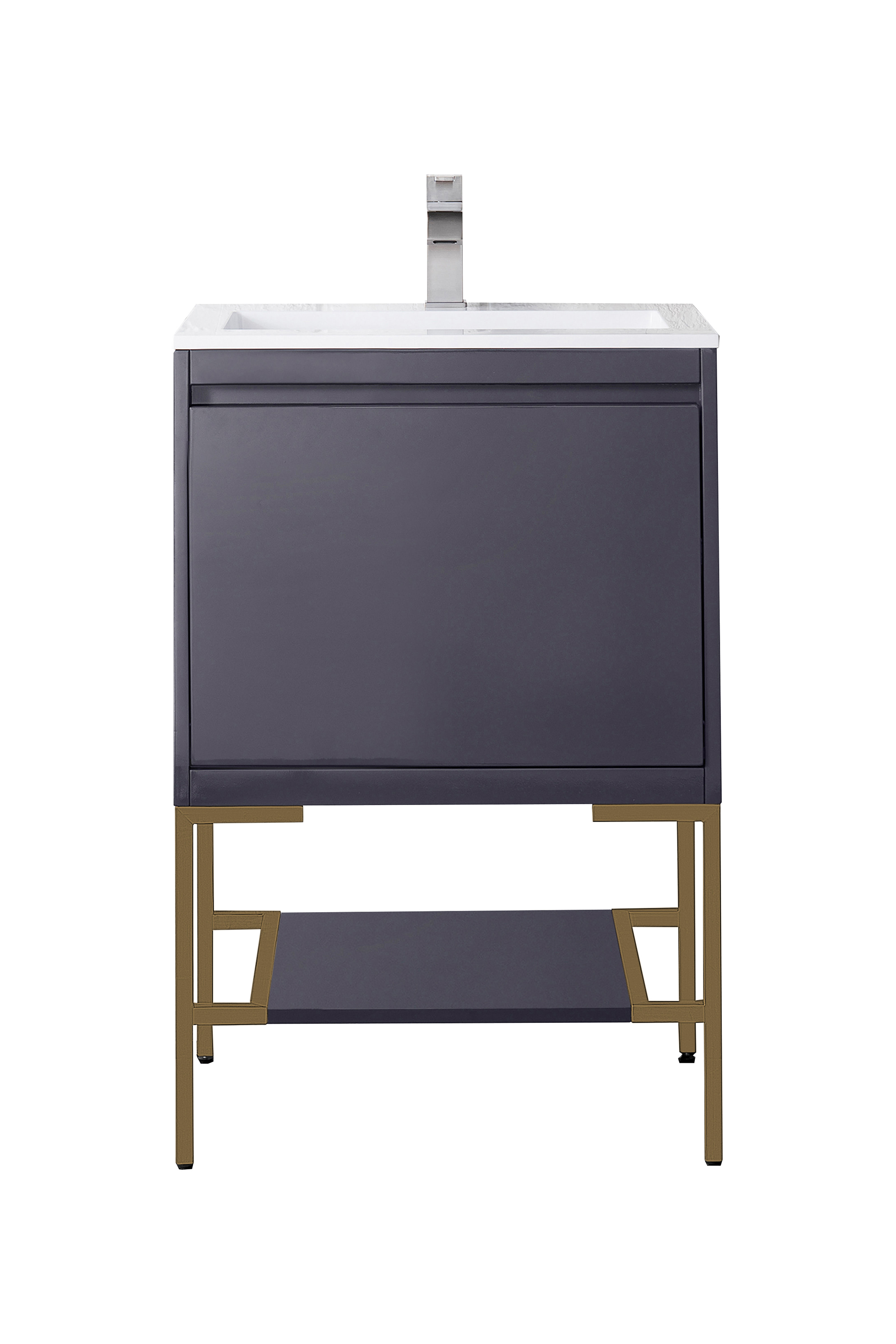 James Martin 801V23.6MGGRGDGW Milan 23.6" Single Vanity Cabinet, Modern Grey Glossy, Radiant Gold w/Glossy White Composite Top