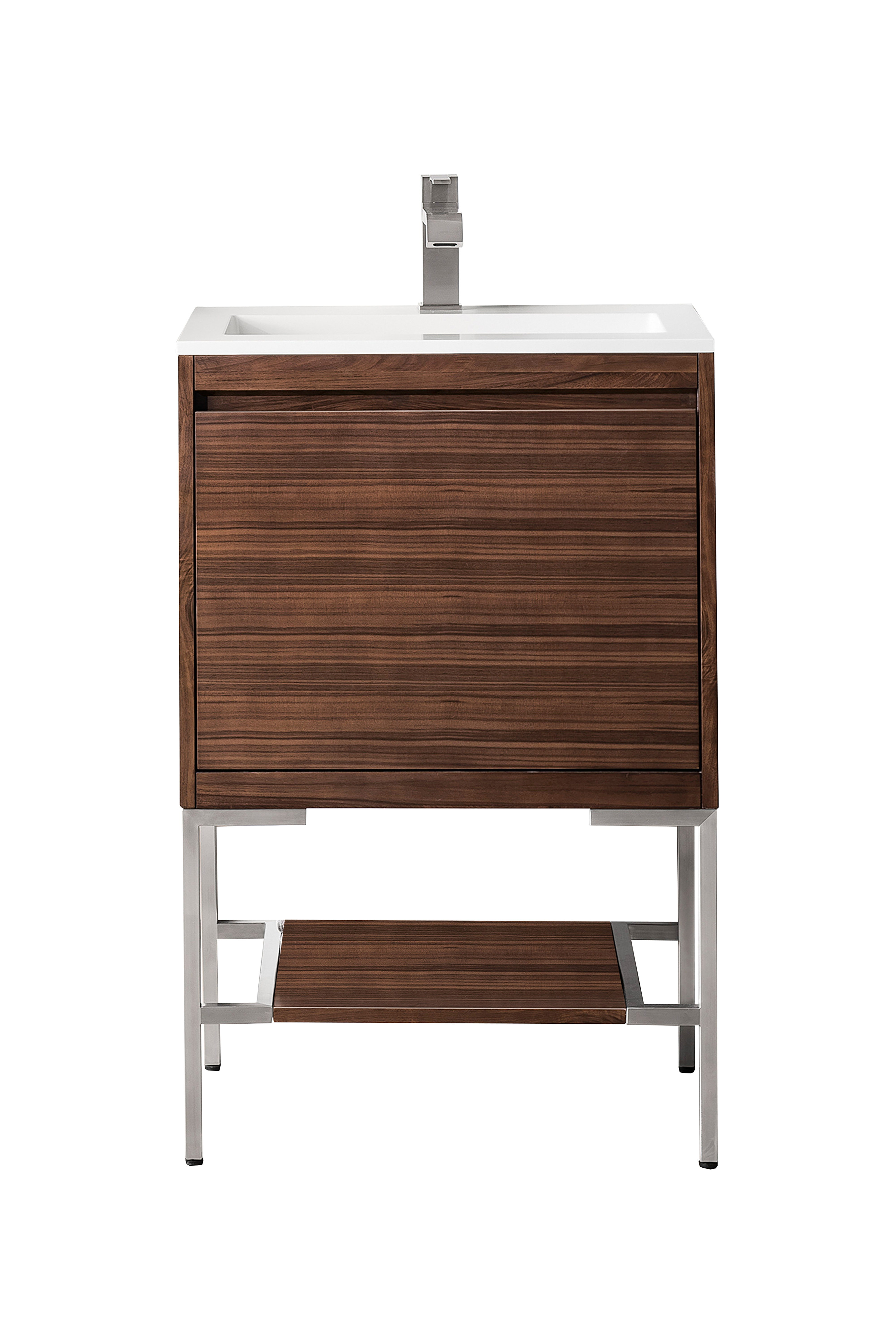 James Martin 801V23.6WLTBNKGW Milan 23.6" Single Vanity Cabinet, Mid Century Walnut, Brushed Nickel w/Glossy White Composite Top