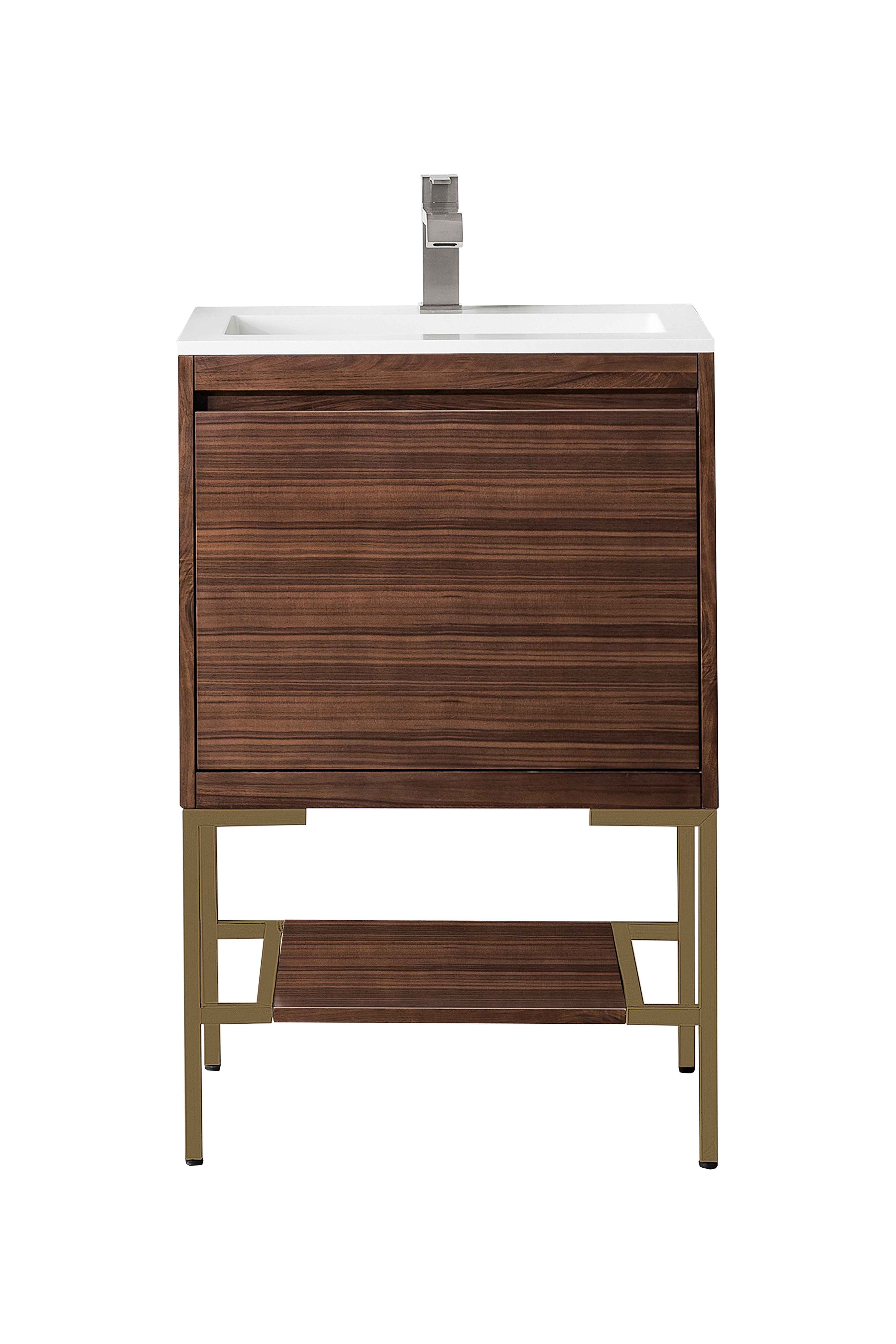 James Martin 801V23.6WLTRGDGW Milan 23.6" Single Vanity Cabinet, Mid Century Walnut, Radiant Gold w/Glossy White Composite Top