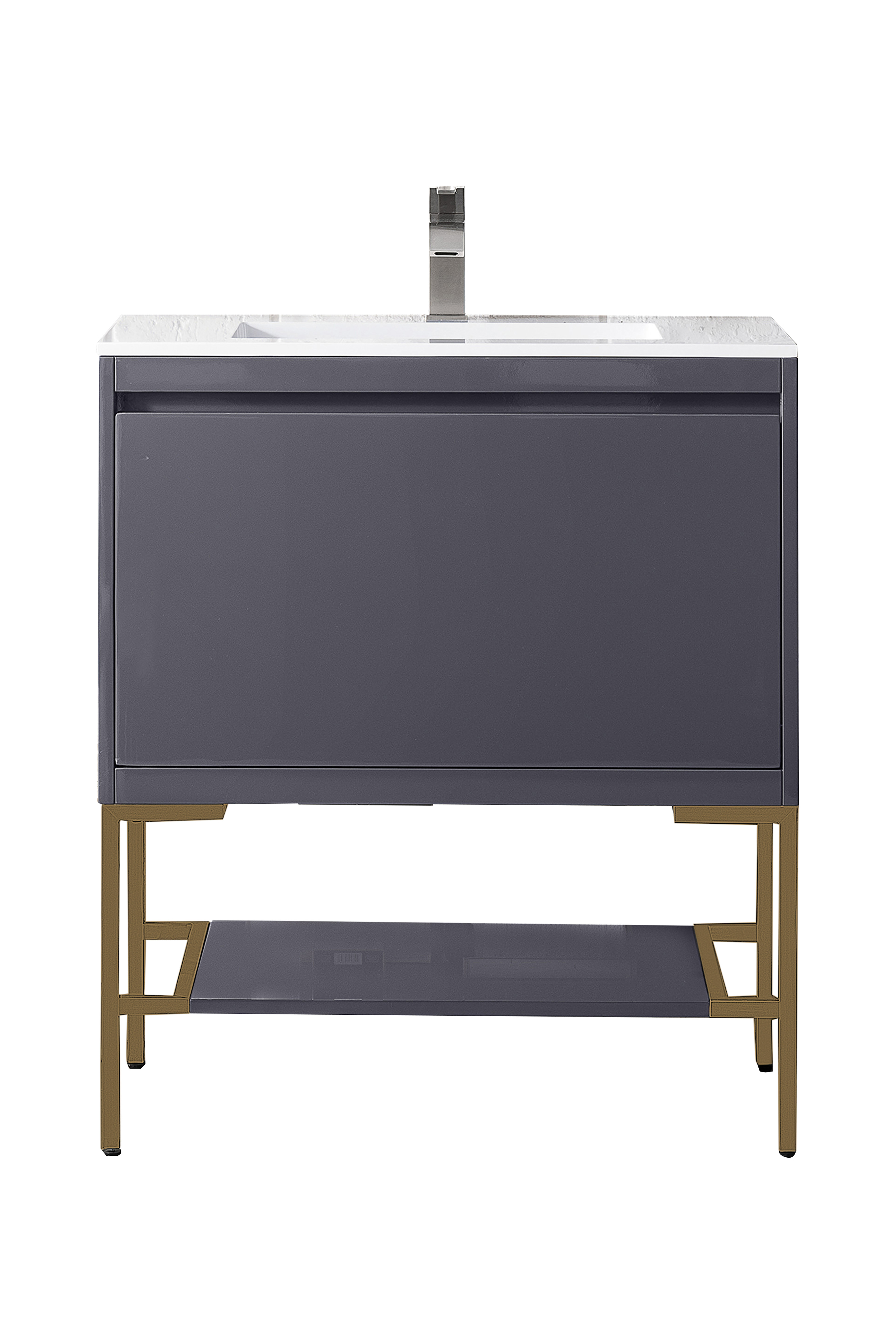 James Martin 801V31.5MGGRGDGW Milan 31.5" Single Vanity Cabinet, Modern Grey Glossy, Radiant Gold w/Glossy White Composite Top