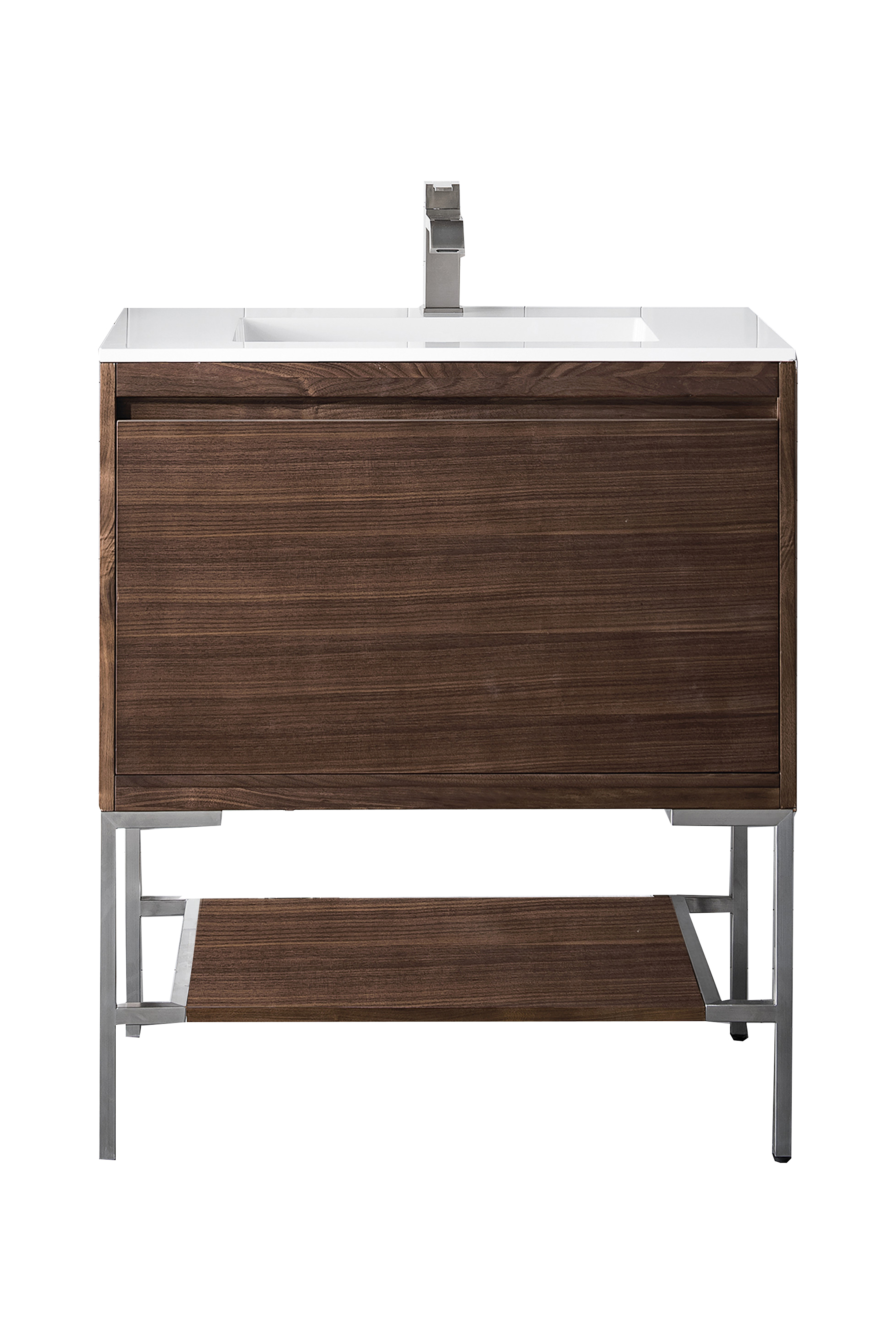 James Martin 801V31.5WLTBNKGW Milan 31.5" Single Vanity Cabinet, Mid Century Walnut, Brushed Nickel w/Glossy White Composite Top