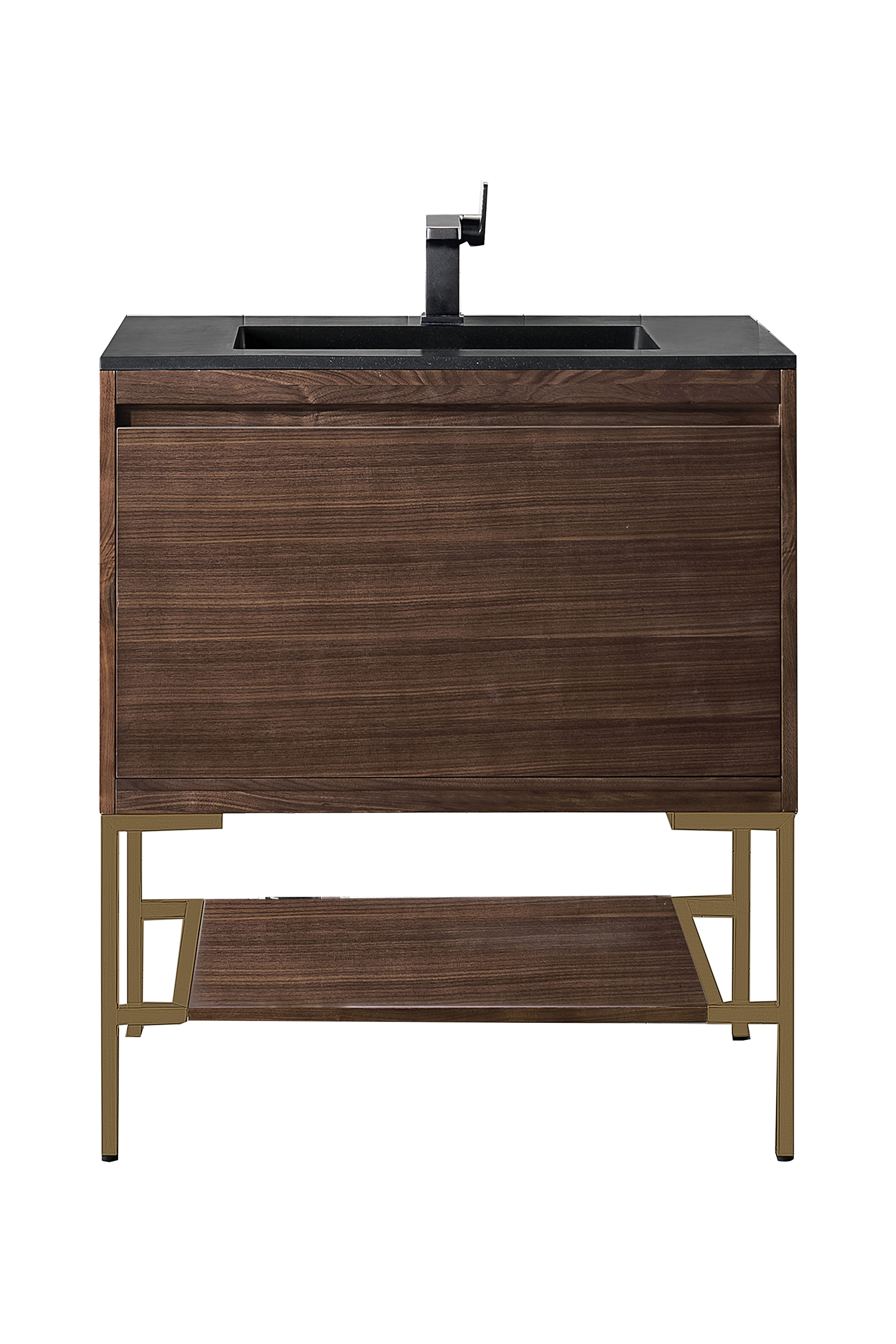 James Martin 801V31.5WLTRGDCHB Milan 31.5" Single Vanity Cabinet, Mid Century Walnut, Radiant Gold w/Charcoal Black Composite Top - Click Image to Close