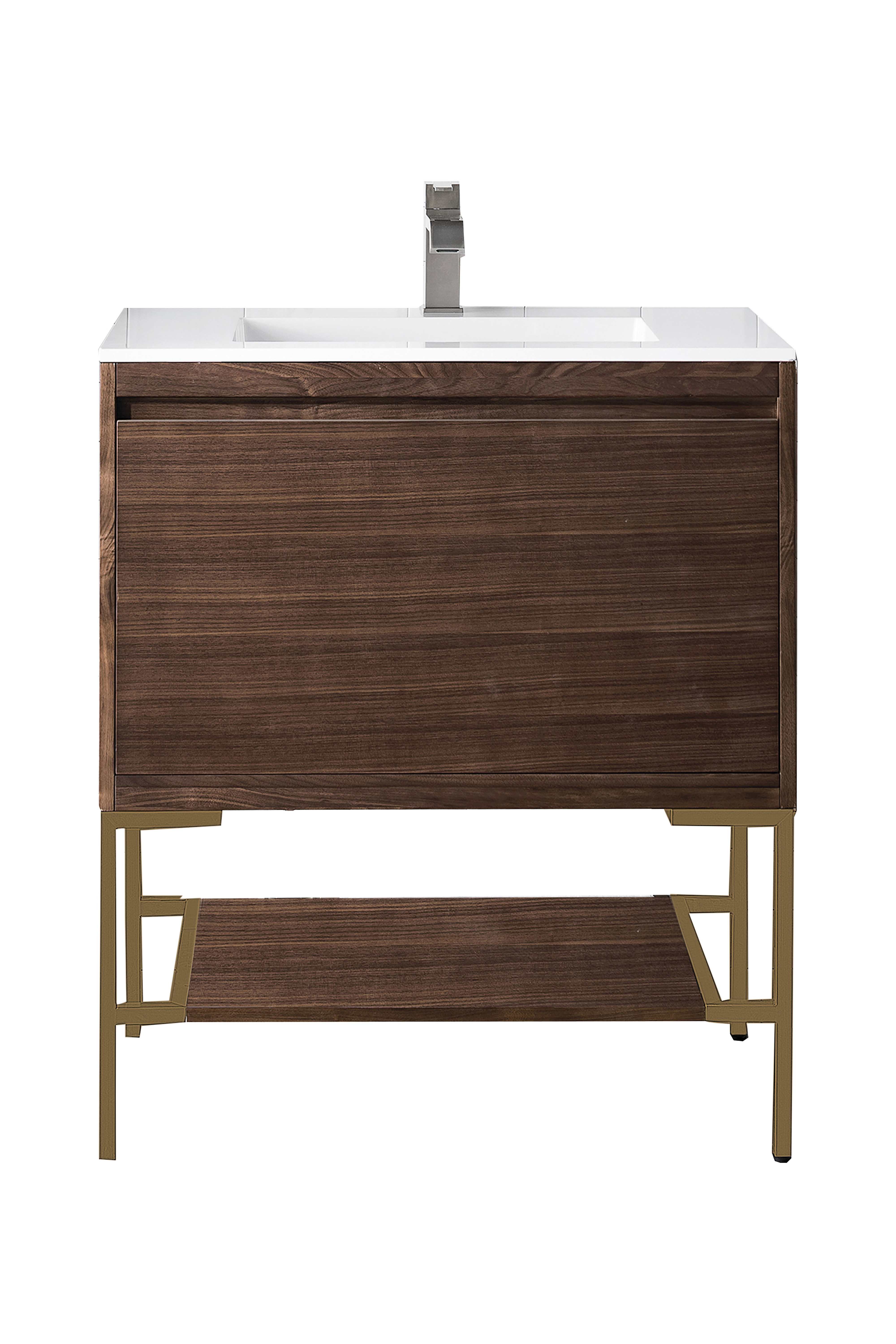 James Martin 801V31.5WLTRGDGW Milan 31.5" Single Vanity Cabinet, Mid Century Walnut, Radiant Gold w/Glossy White Composite Top