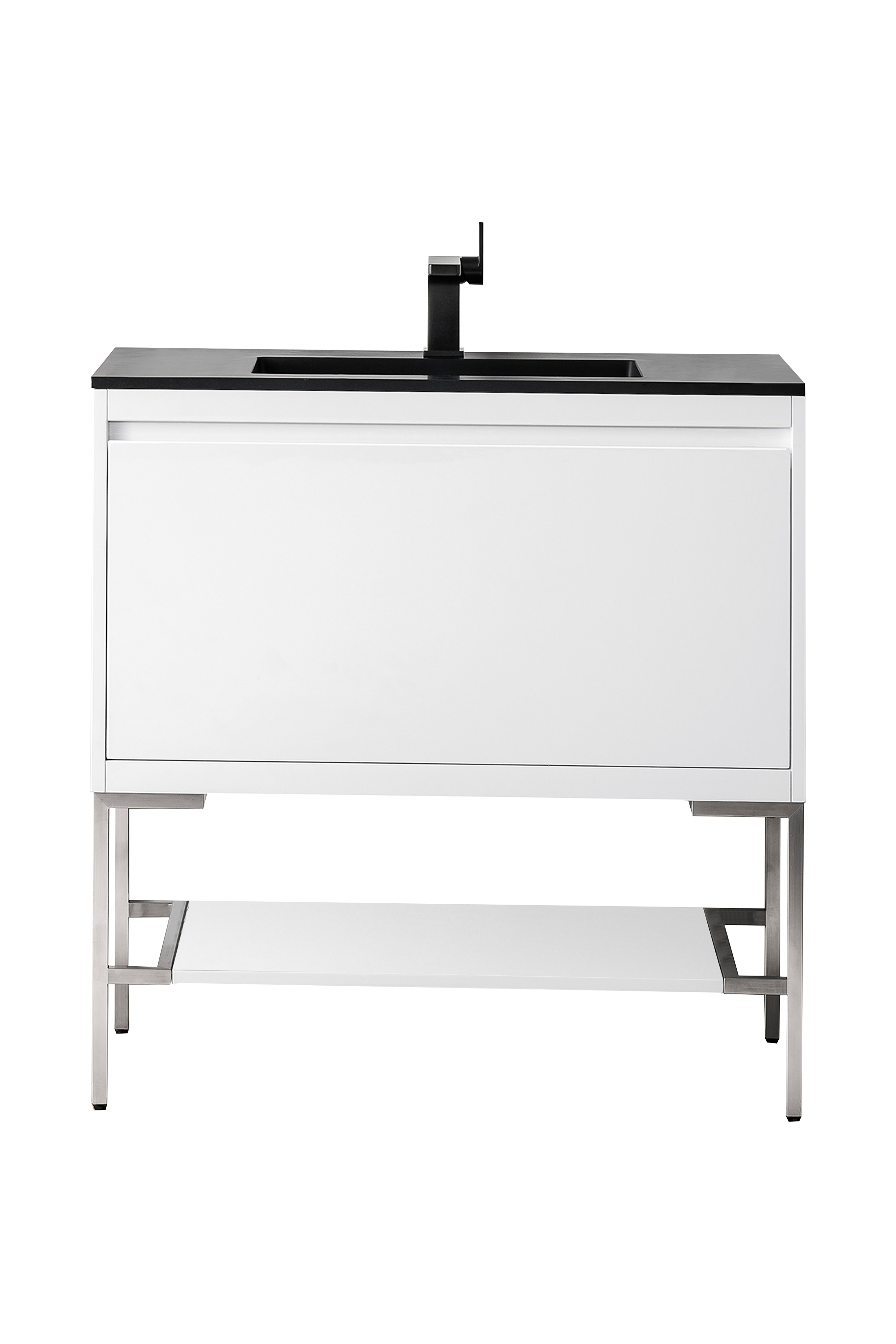James Martin 801V35.4GWBNKCHB Milan 35.4" Single Vanity Cabinet, Glossy White, Brushed Nickel w/Charcoal Black Composite Top