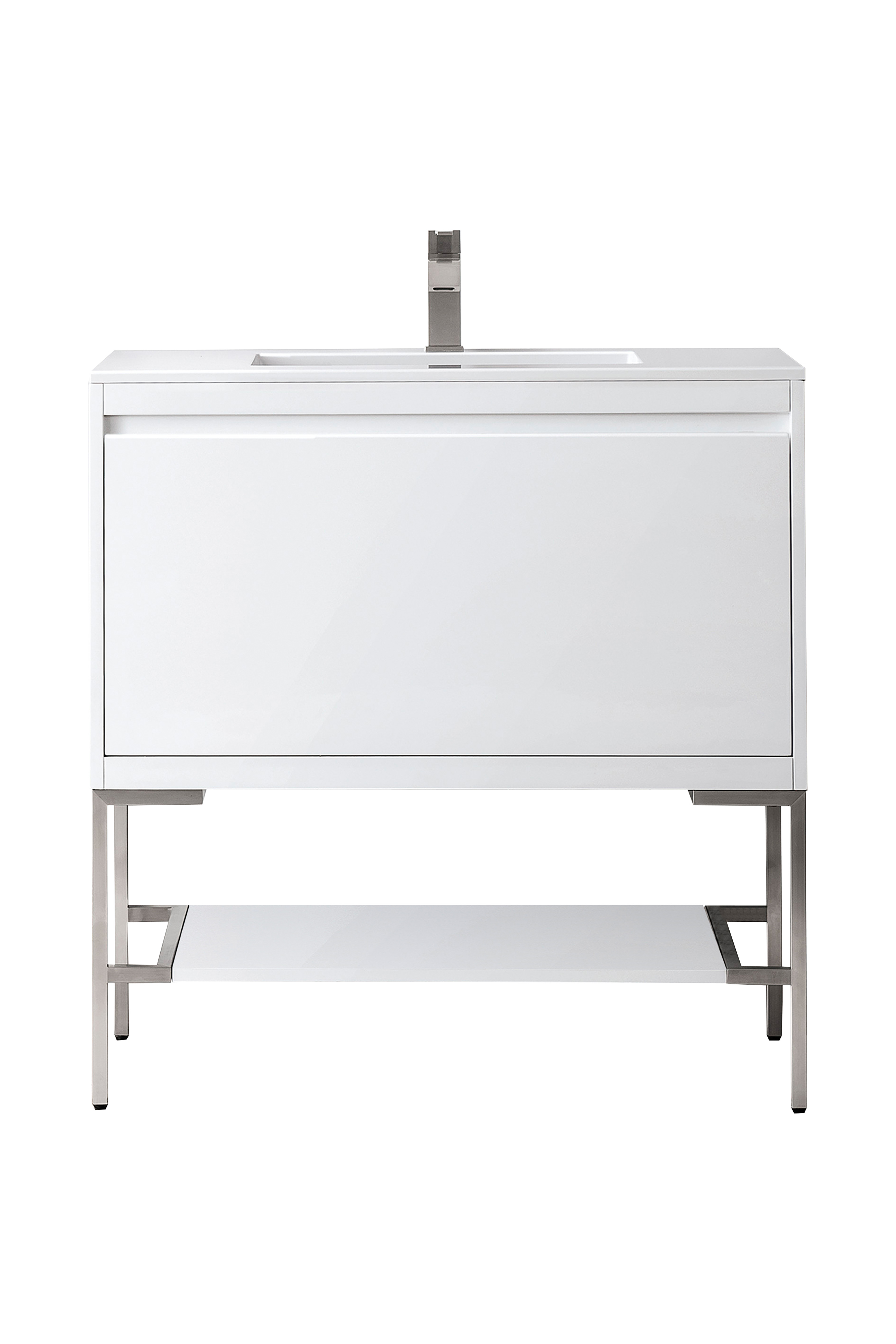 James Martin 801V35.4GWBNKGW Milan 35.4" Single Vanity Cabinet, Glossy White, Brushed Nickel w/Glossy White Composite Top