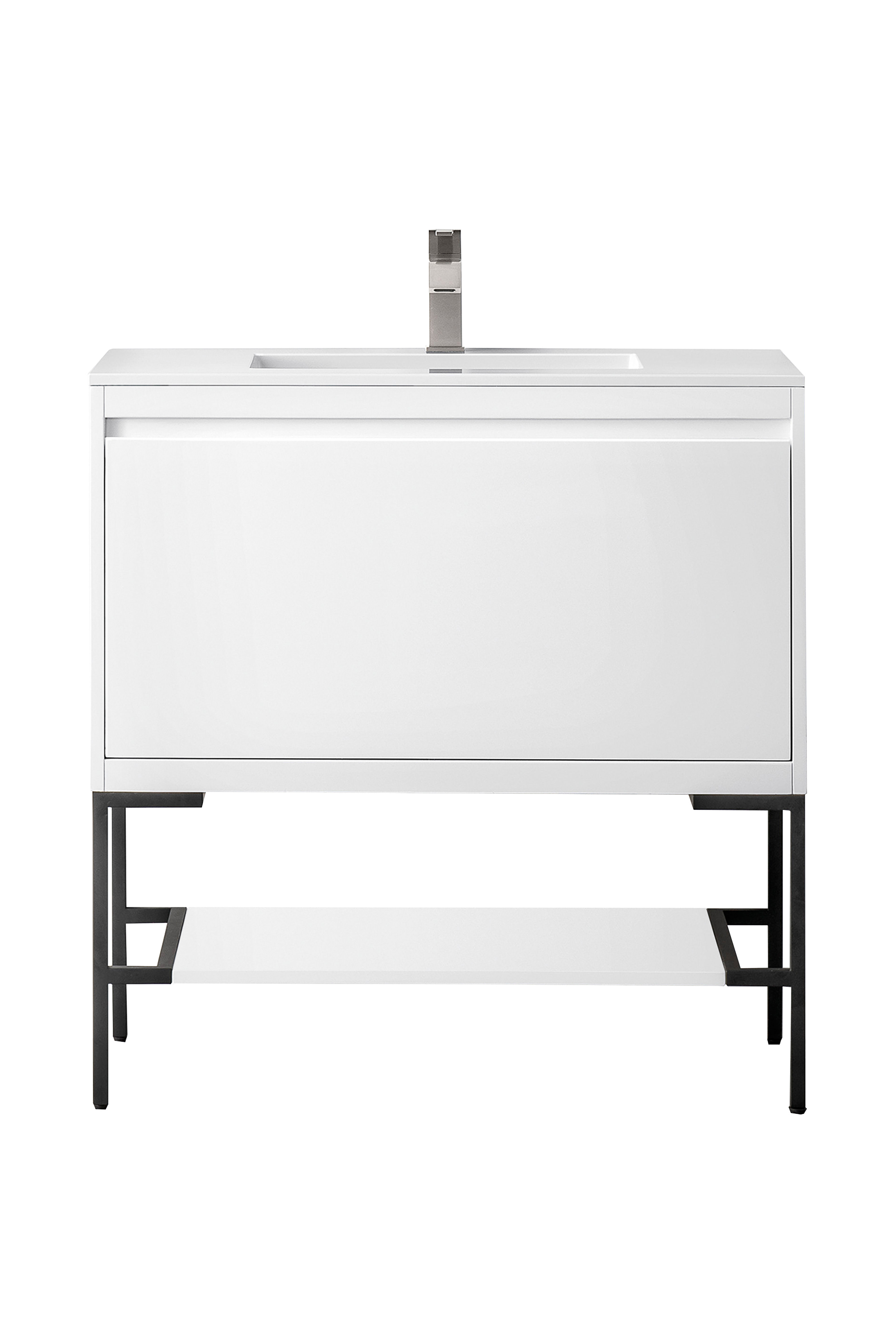 James Martin 801V35.4GWMBKGW Milan 35.4" Single Vanity Cabinet, Glossy White, Matte Black w/Glossy White Composite Top