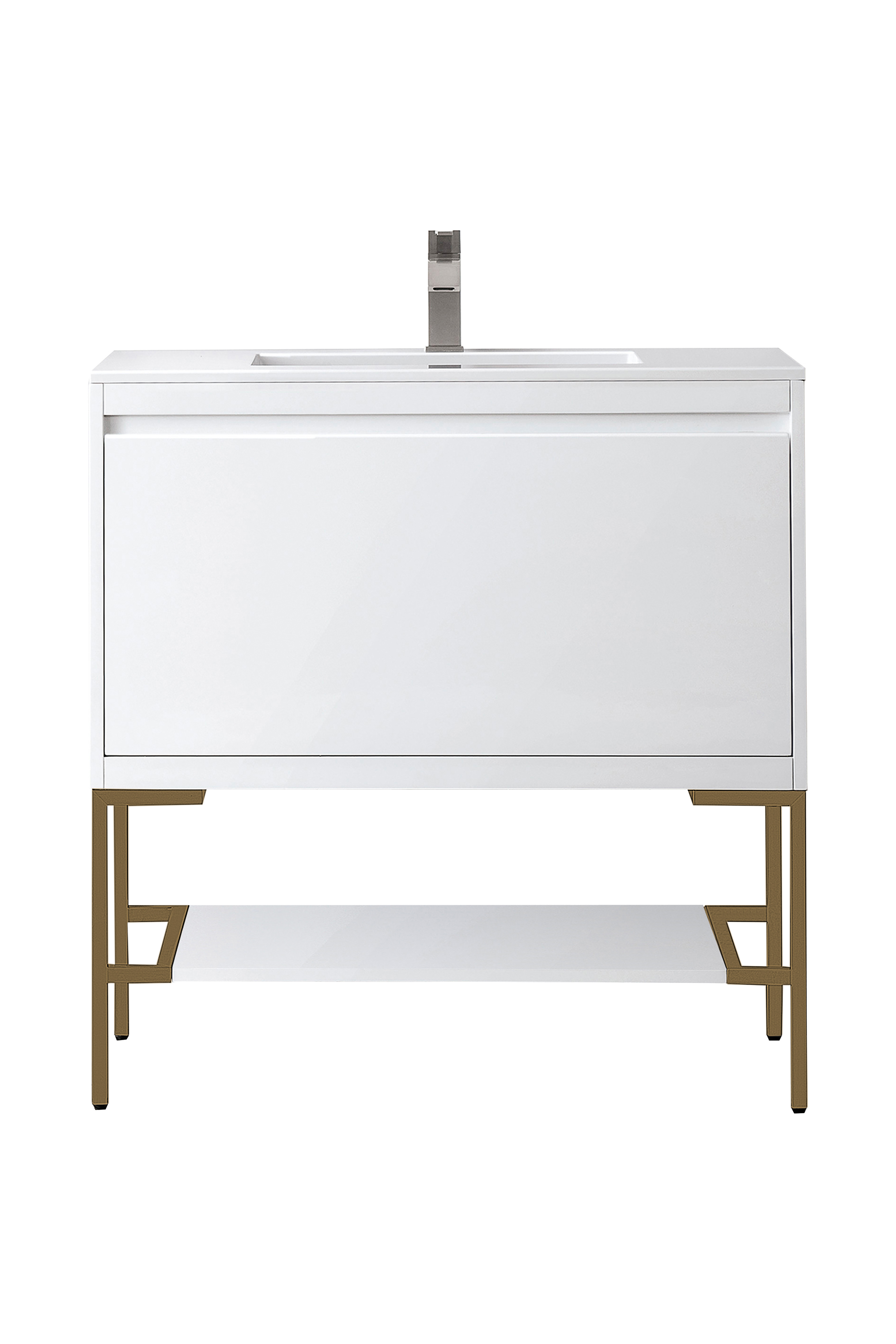 James Martin 801V35.4GWRGDGW Milan 35.4" Single Vanity Cabinet, Glossy White, Radiant Gold w/Glossy White Composite Top